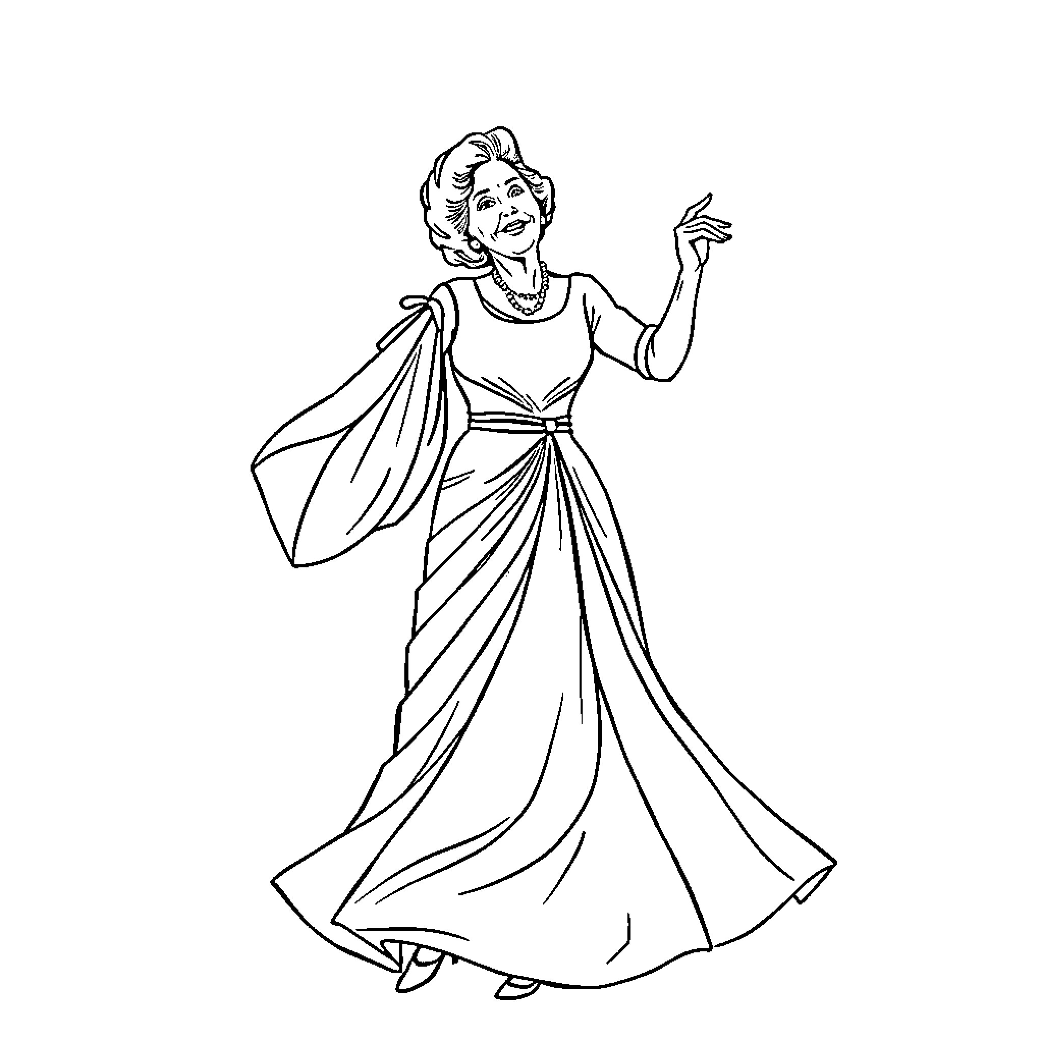 Margaret Thatcher in a Regal Gown and Pose Coloring Page (free black-and-white line drawing printable PDF for all, from beginners to advanced learners, including children, teens, adults, and seniors)