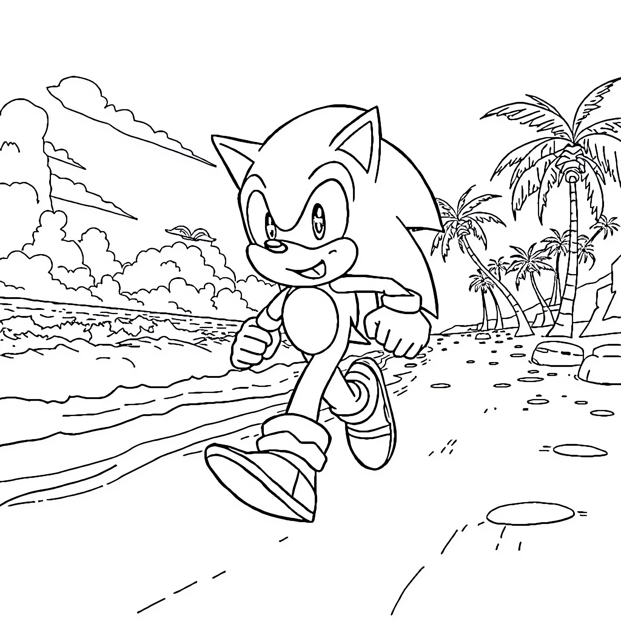 Sonic running happily on the beach Coloring Page (free black-and-white line drawing printable PDF for all, from beginners to advanced learners, including children, teens, adults, and seniors)