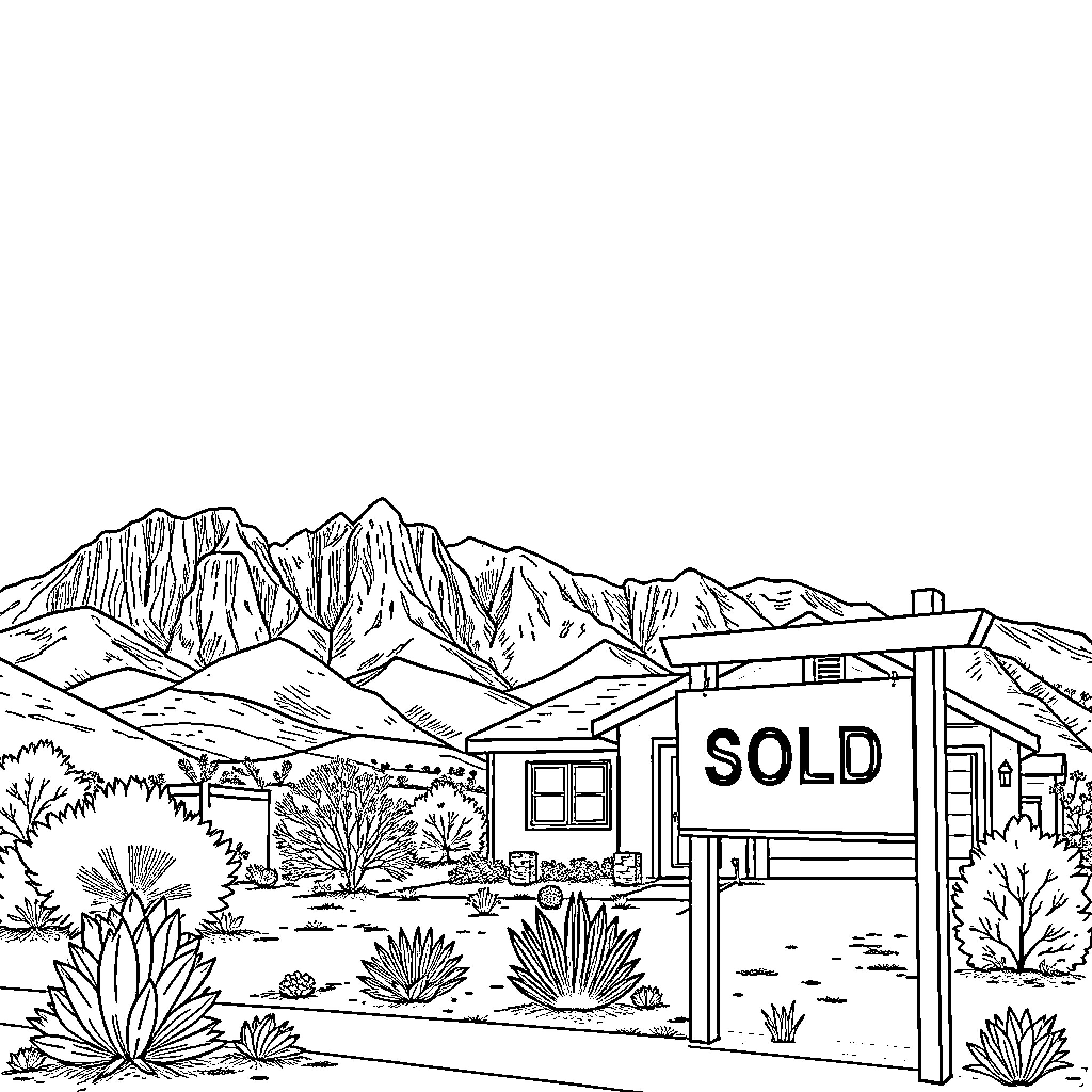 Mountain Scenery with Sold Home Sign Coloring Page (free black-and-white line drawing printable PDF for all, from beginners to advanced learners, including children, teens, adults, and seniors)