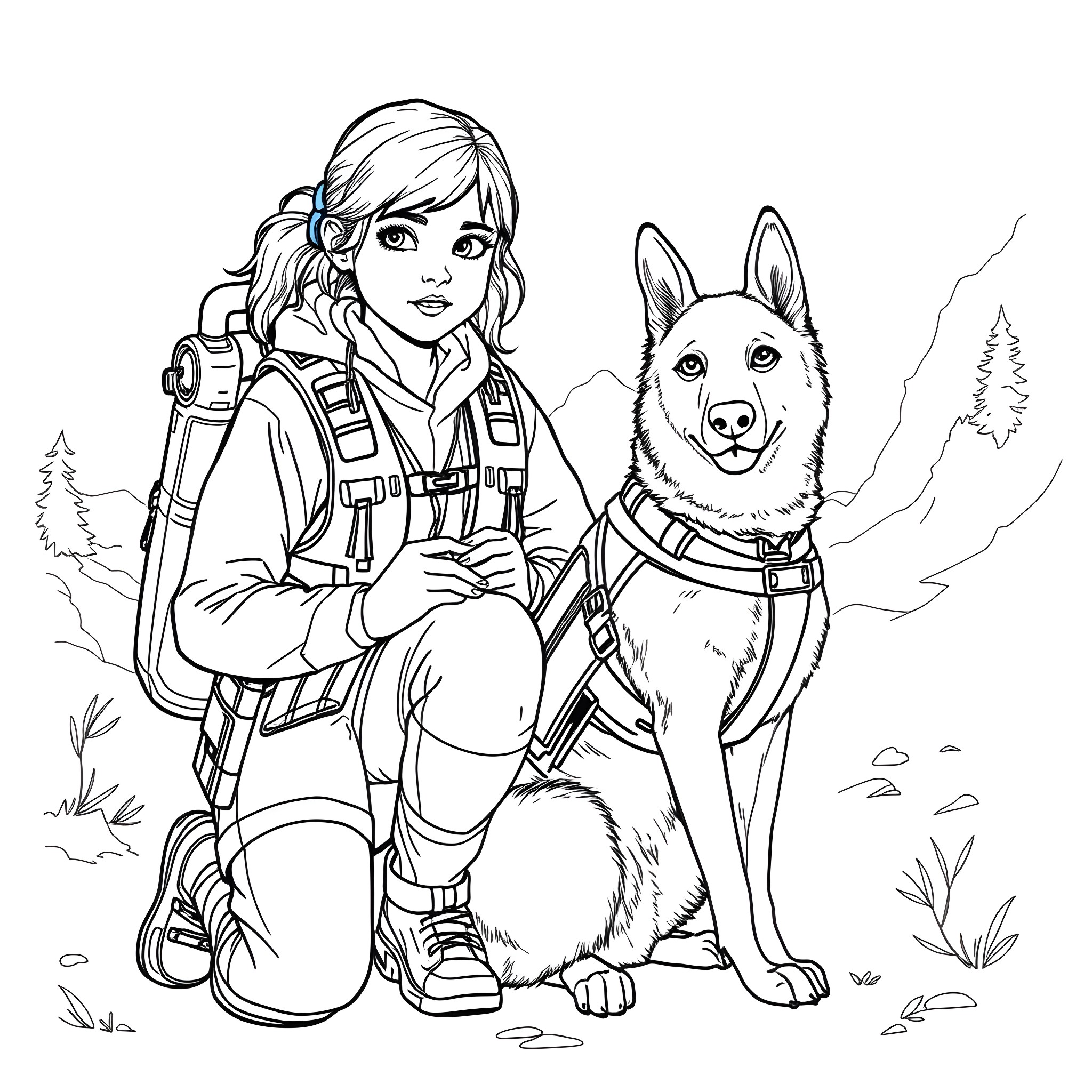 Teen Girl and Her Loyal Dog on an Adventure Coloring Page (free black-and-white line drawing printable PDF for all, from beginners to advanced learners, including children, teens, adults, and seniors)