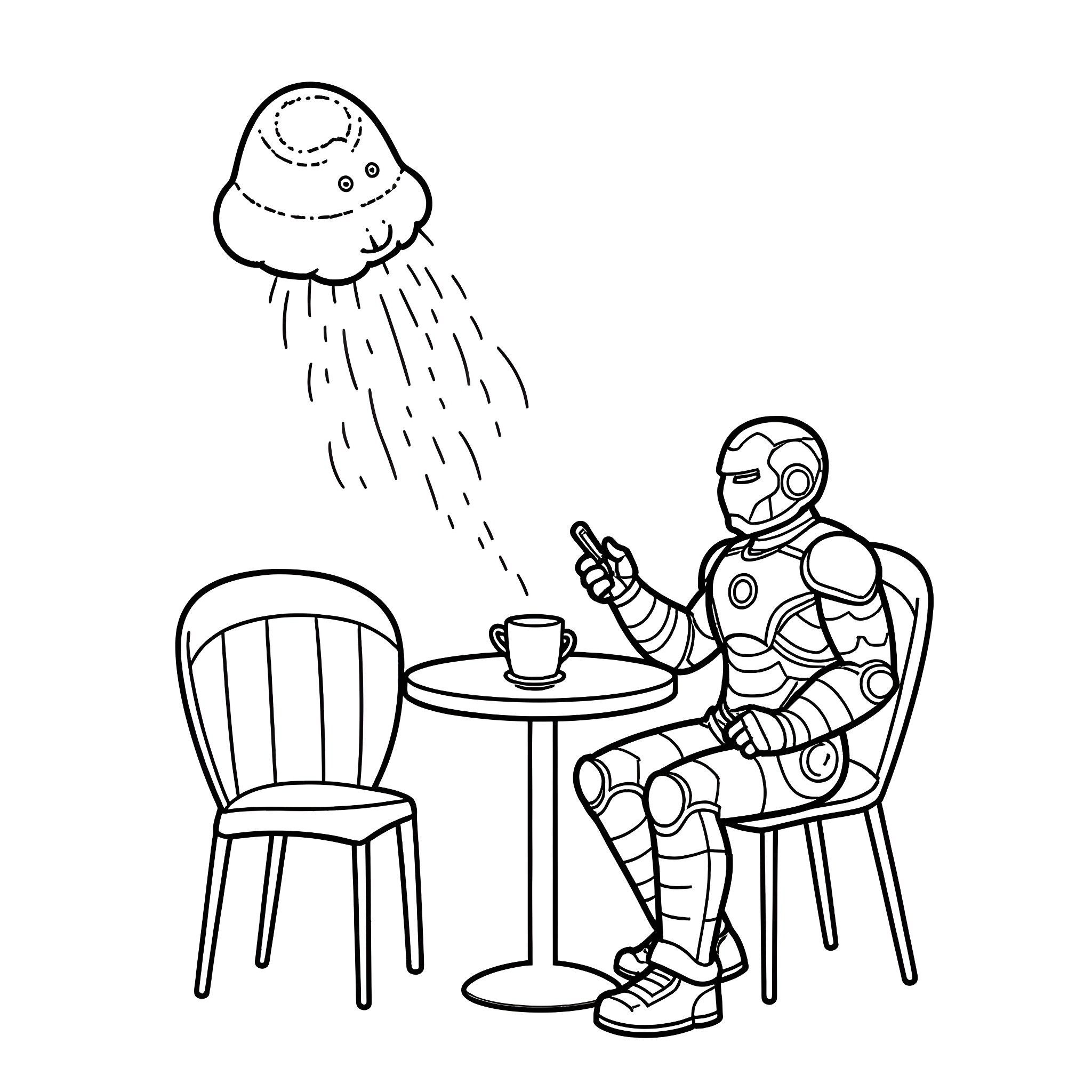 Ironman relaxing with coffee in futuristic setting Coloring Page (free black-and-white line drawing printable PDF for all, from beginners to advanced learners, including children, teens, adults, and seniors)