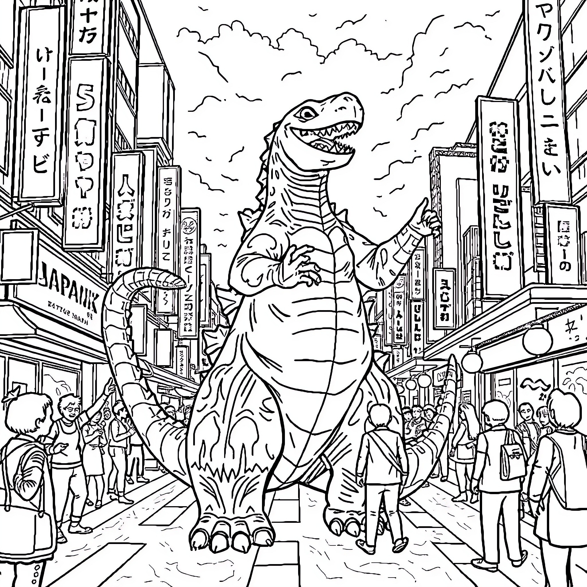 Godzilla Rampages Through the City Coloring Page (free black-and-white line drawing printable PDF for all, from beginners to advanced learners, including children, teens, adults, and seniors)
