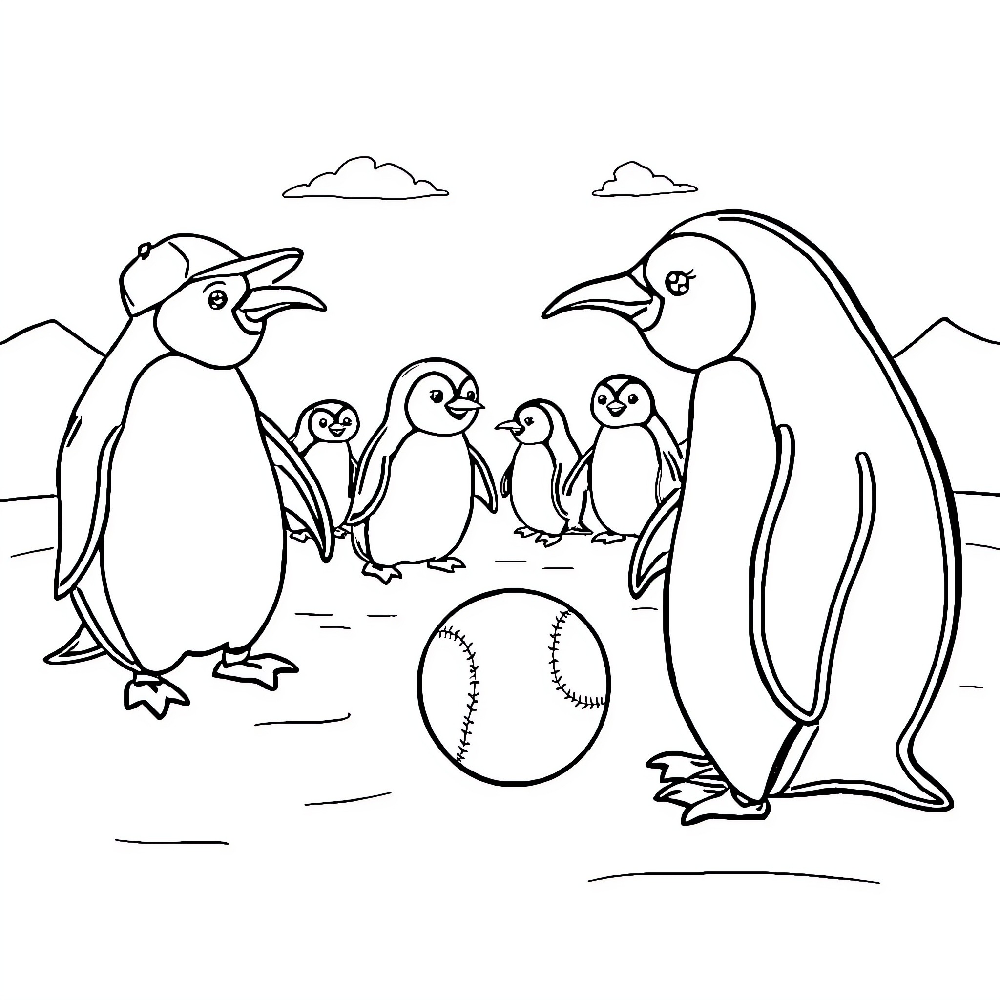 Penguin parents and their adorable chicks in a snowy landscape Coloring Page (free black-and-white line drawing printable PDF for all, from beginners to advanced learners, including children, teens, adults, and seniors)