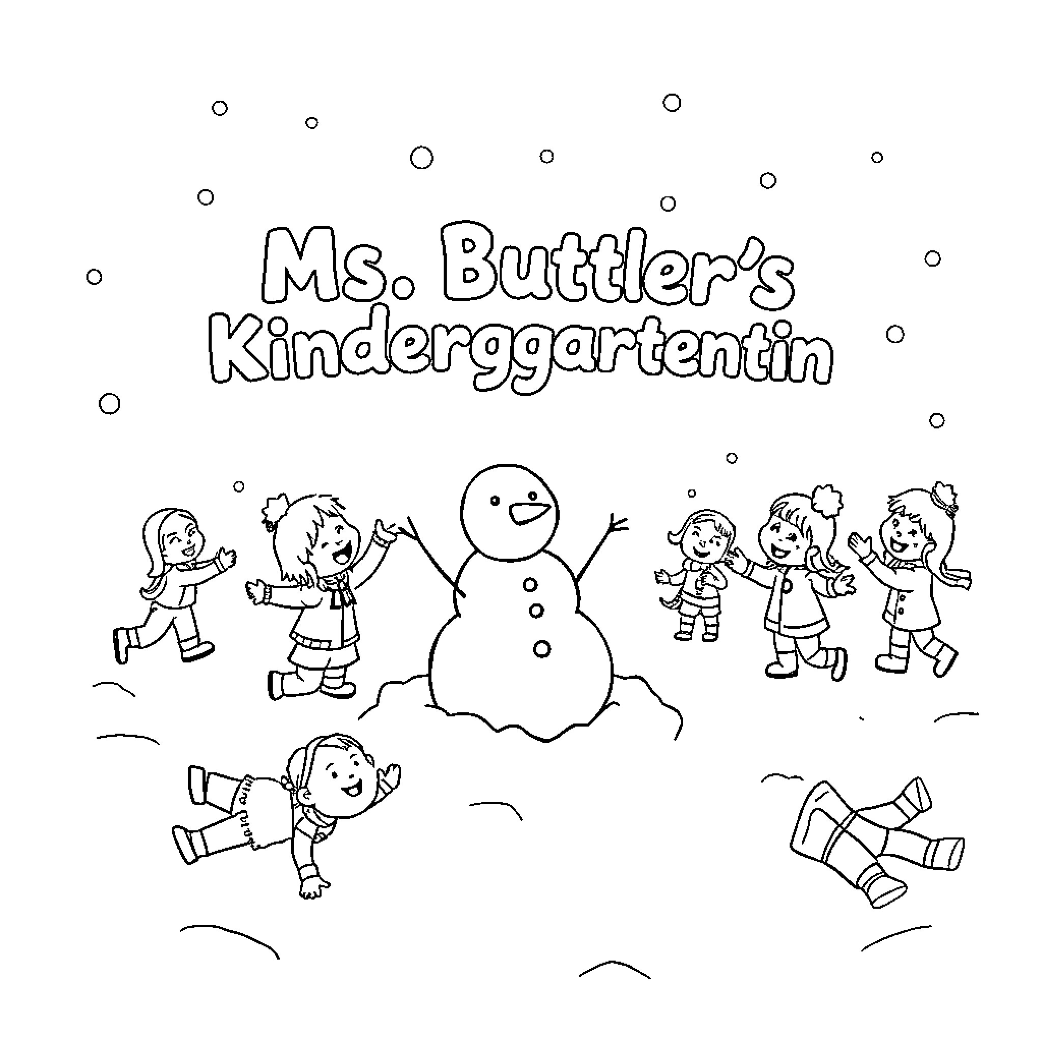 Kids playing in Ms. Butler's Kindergarten Coloring Page (free black-and-white line drawing printable PDF for all, from beginners to advanced learners, including children, teens, adults, and seniors)