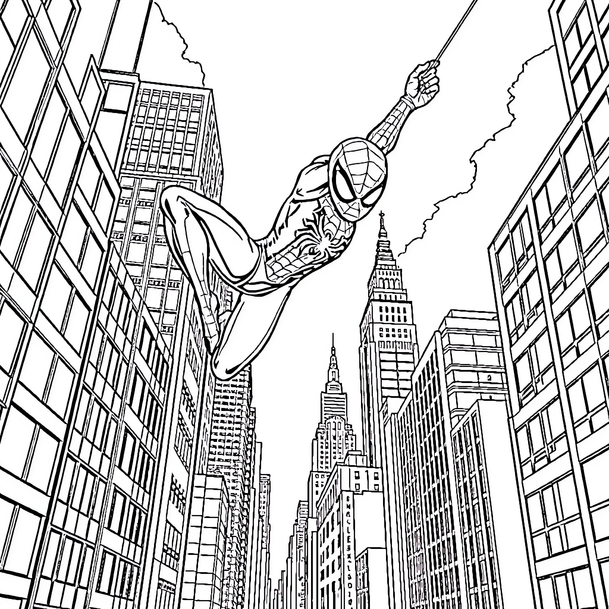 Spiderman swinging through the skyscrapers of New York City Coloring Page (free black-and-white line drawing printable PDF for all, from beginners to advanced learners, including children, teens, adults, and seniors)