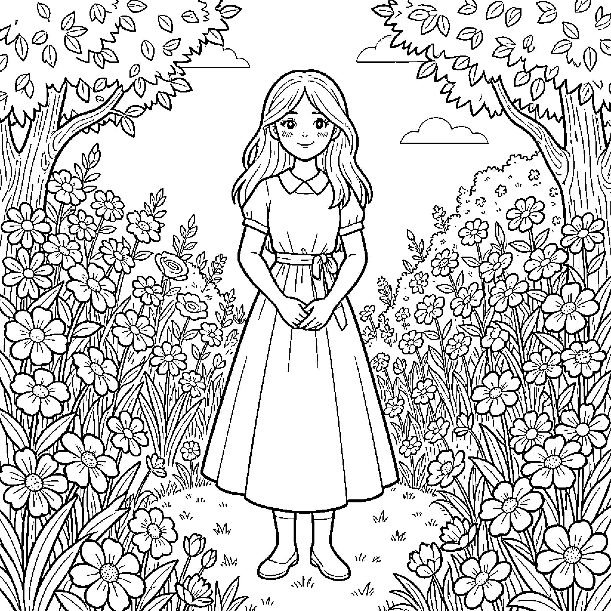 Madeleine standing peacefully in a blooming flower garden Coloring Page (free black-and-white line drawing printable PDF for all, from beginners to advanced learners, including children, teens, adults, and seniors)