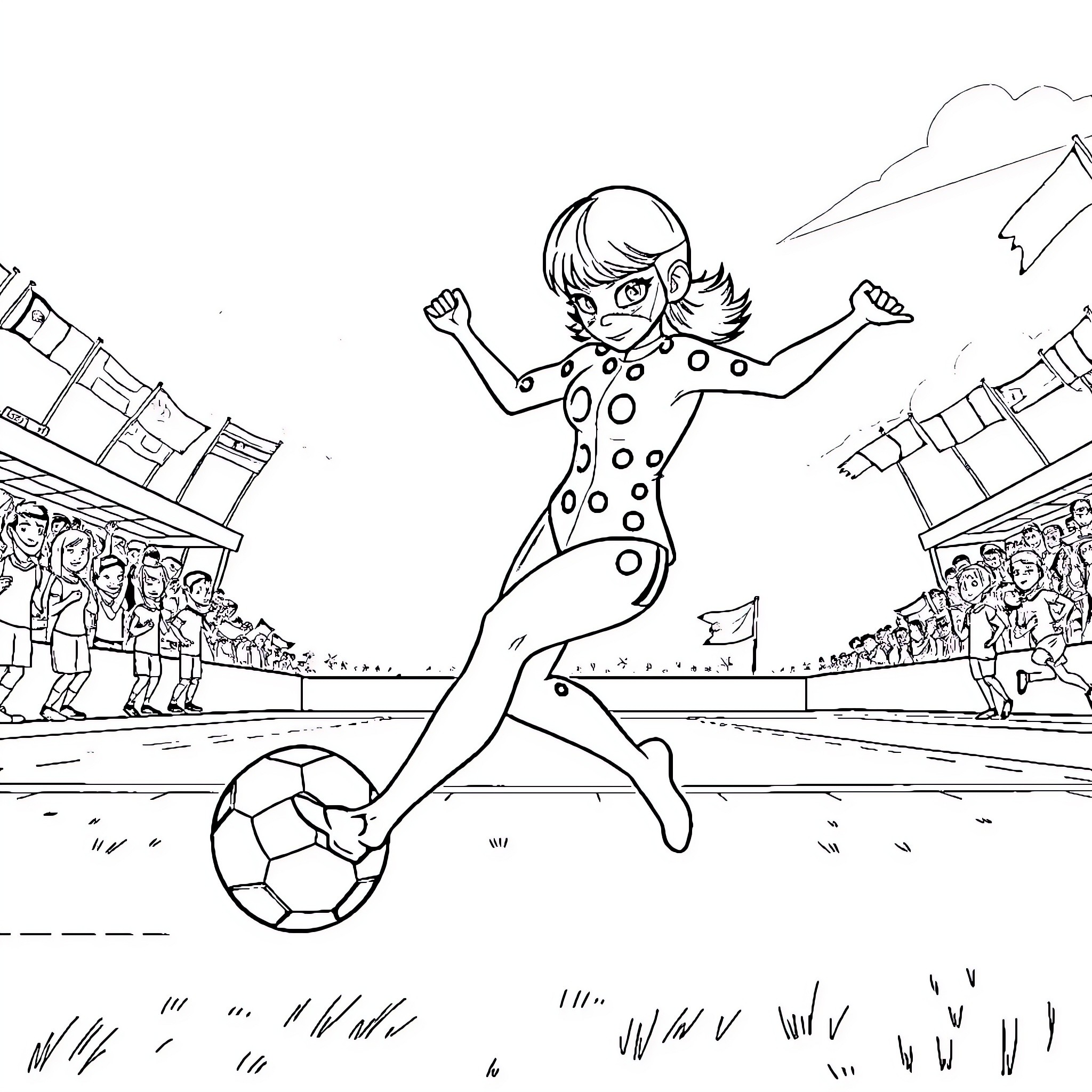 Ladybug girl scores a goal on the soccer field Coloring Page (free black-and-white line drawing printable PDF for all, from beginners to advanced learners, including children, teens, adults, and seniors)