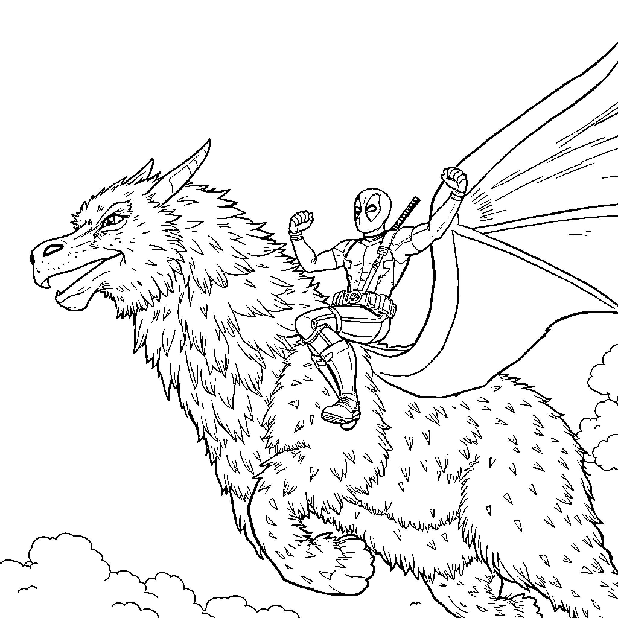 Deadpool Riding a Fierce Dragon in the Sky Coloring Page (free black-and-white line drawing printable PDF for all, from beginners to advanced learners, including children, teens, adults, and seniors)
