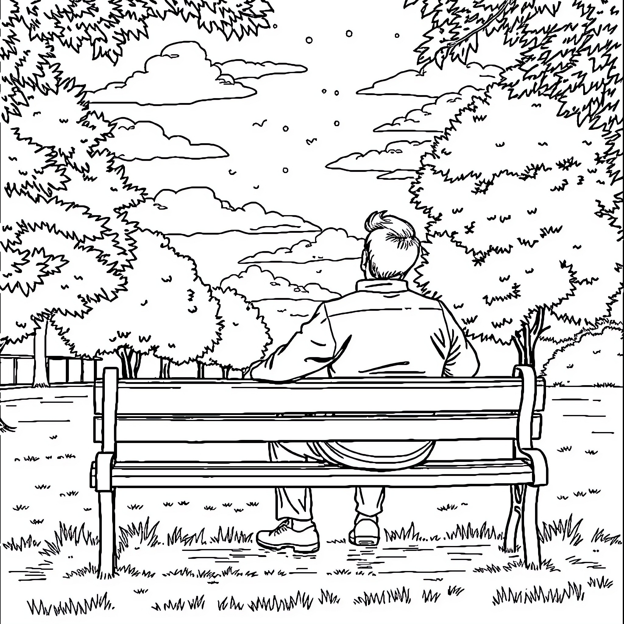 Man admiring the scenic view from a park bench Coloring Page (free black-and-white line drawing printable PDF for all, from beginners to advanced learners, including children, teens, adults, and seniors)