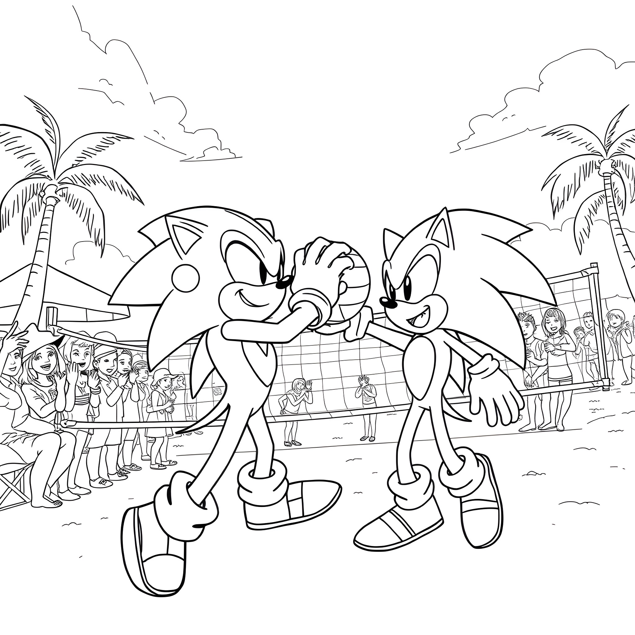 Sonic's Tropical Adventure with Friends Coloring Page (free black-and-white line drawing printable PDF for all, from beginners to advanced learners, including children, teens, adults, and seniors)