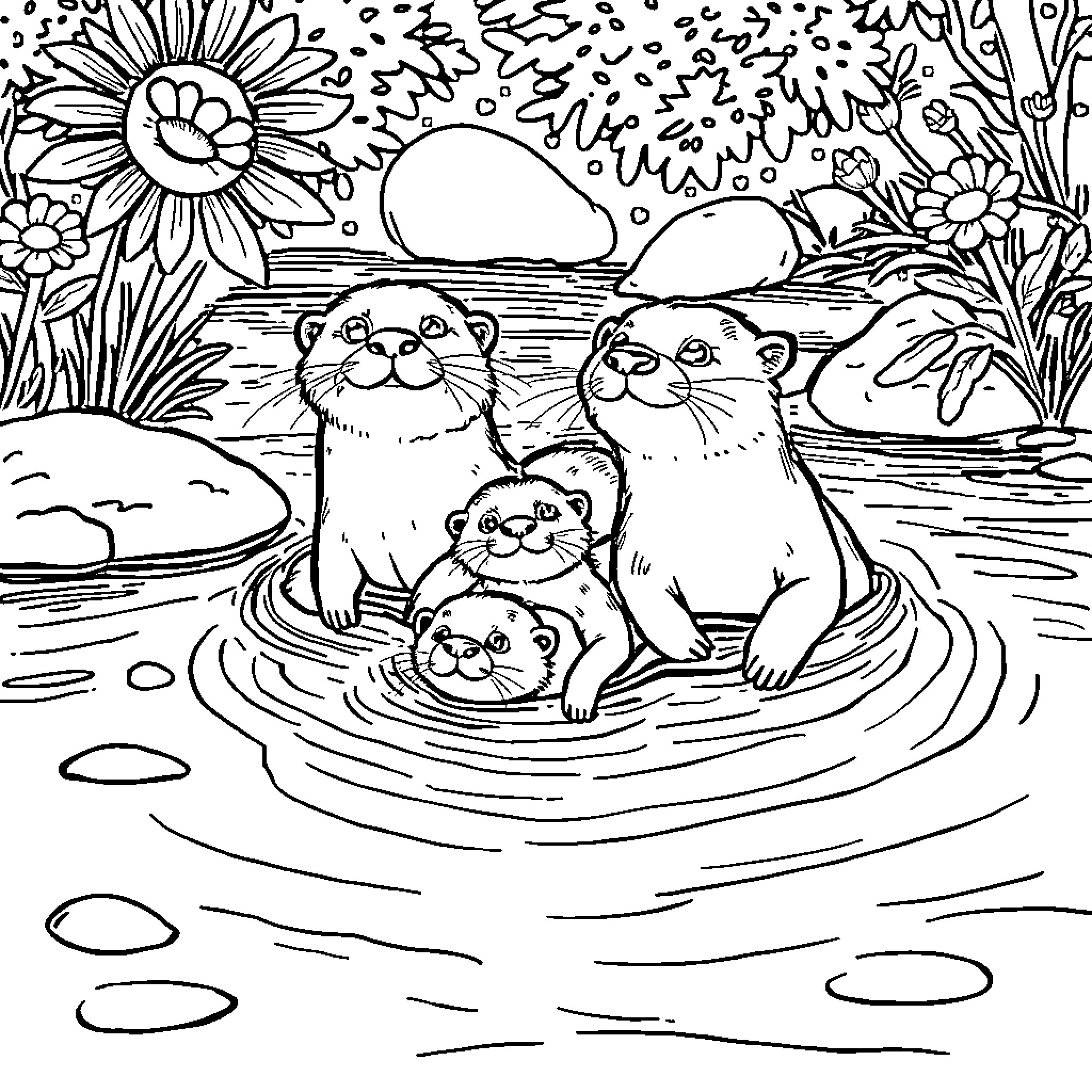 Otter family playing in the lake Coloring Page (free black-and-white line drawing printable PDF for all, from beginners to advanced learners, including children, teens, adults, and seniors)