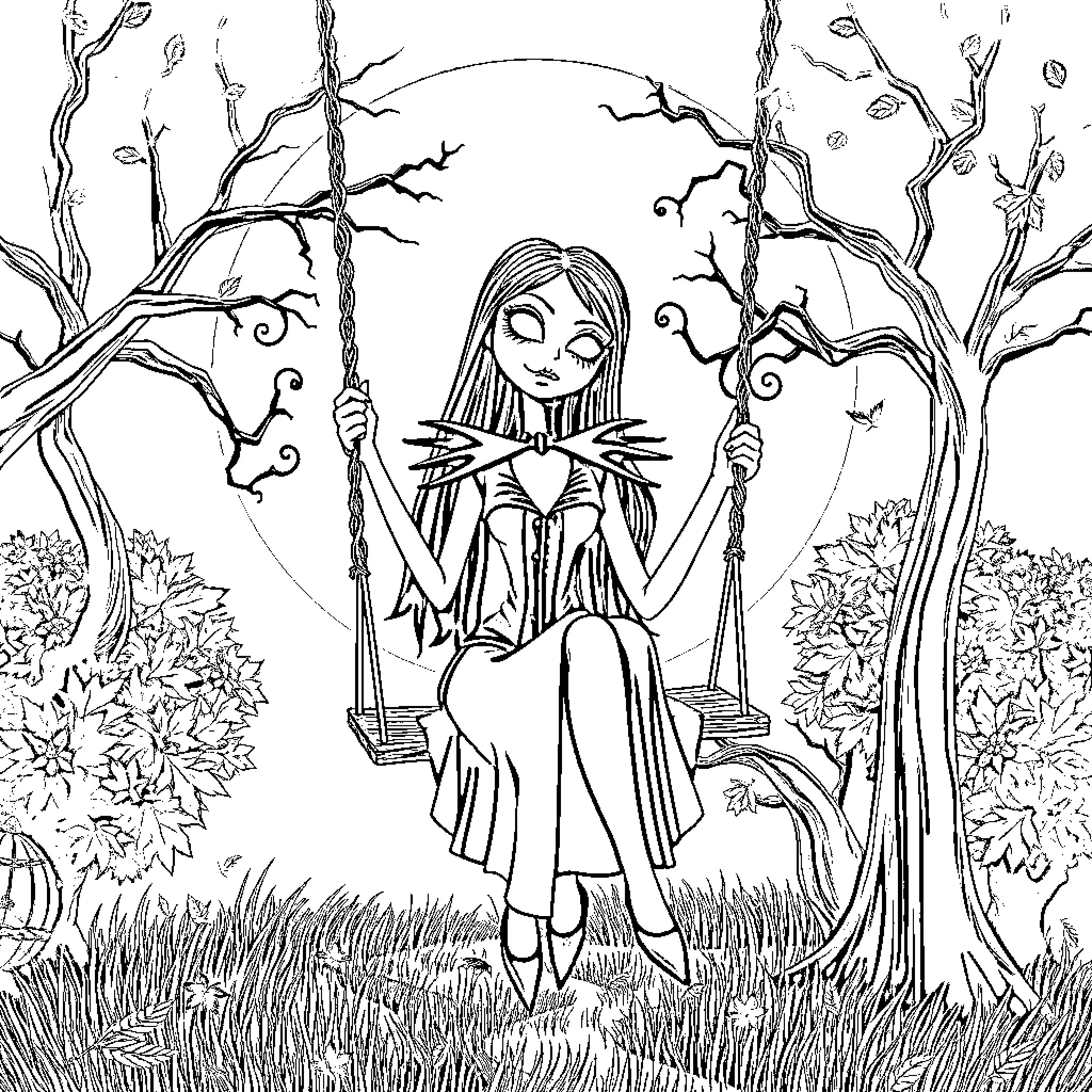 Sally's Autumn Swing in the Enchanted Forest Coloring Page (free black-and-white line drawing printable PDF for all, from beginners to advanced learners, including children, teens, adults, and seniors)