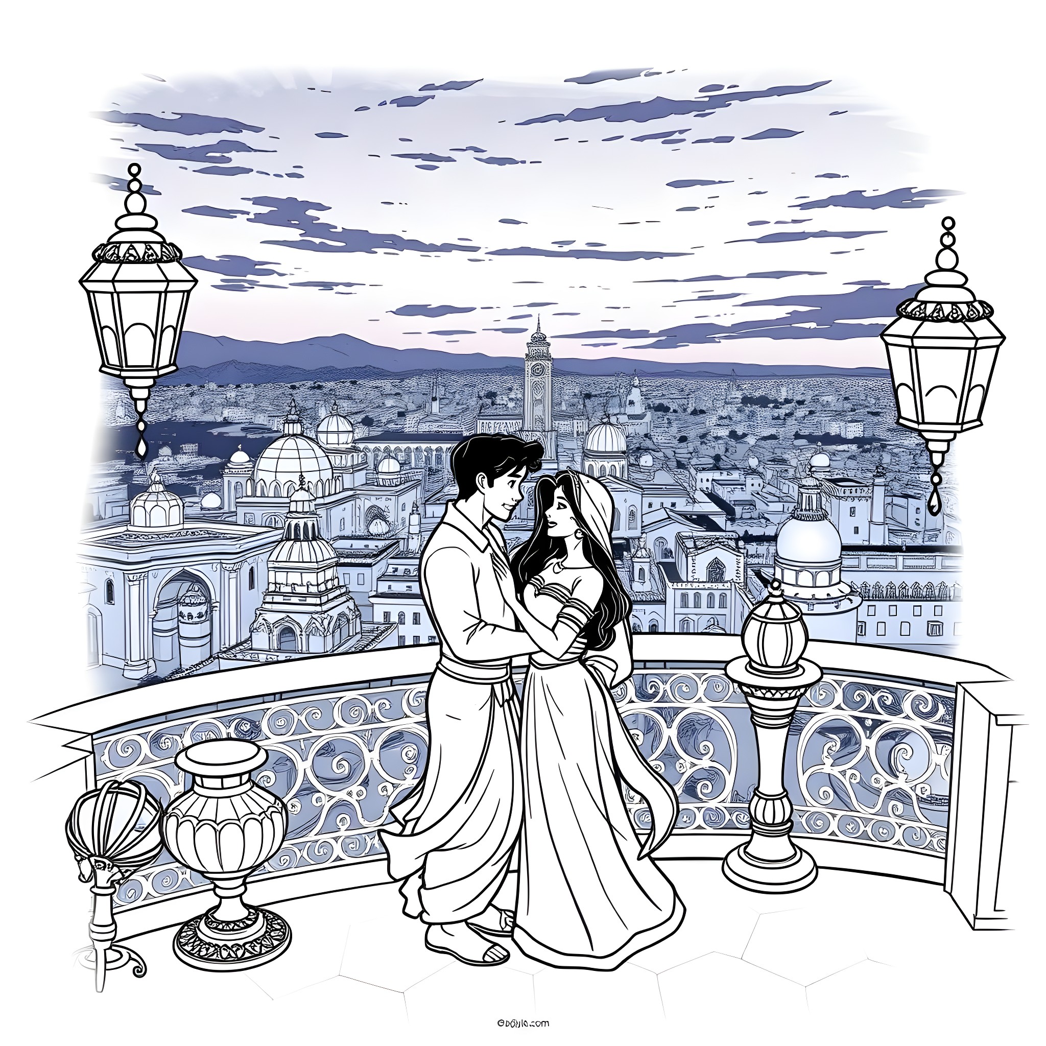 Jasmine's Romantic Embrace on a Starry Night Coloring Page (free black-and-white line drawing printable PDF for all, from beginners to advanced learners, including children, teens, adults, and seniors)