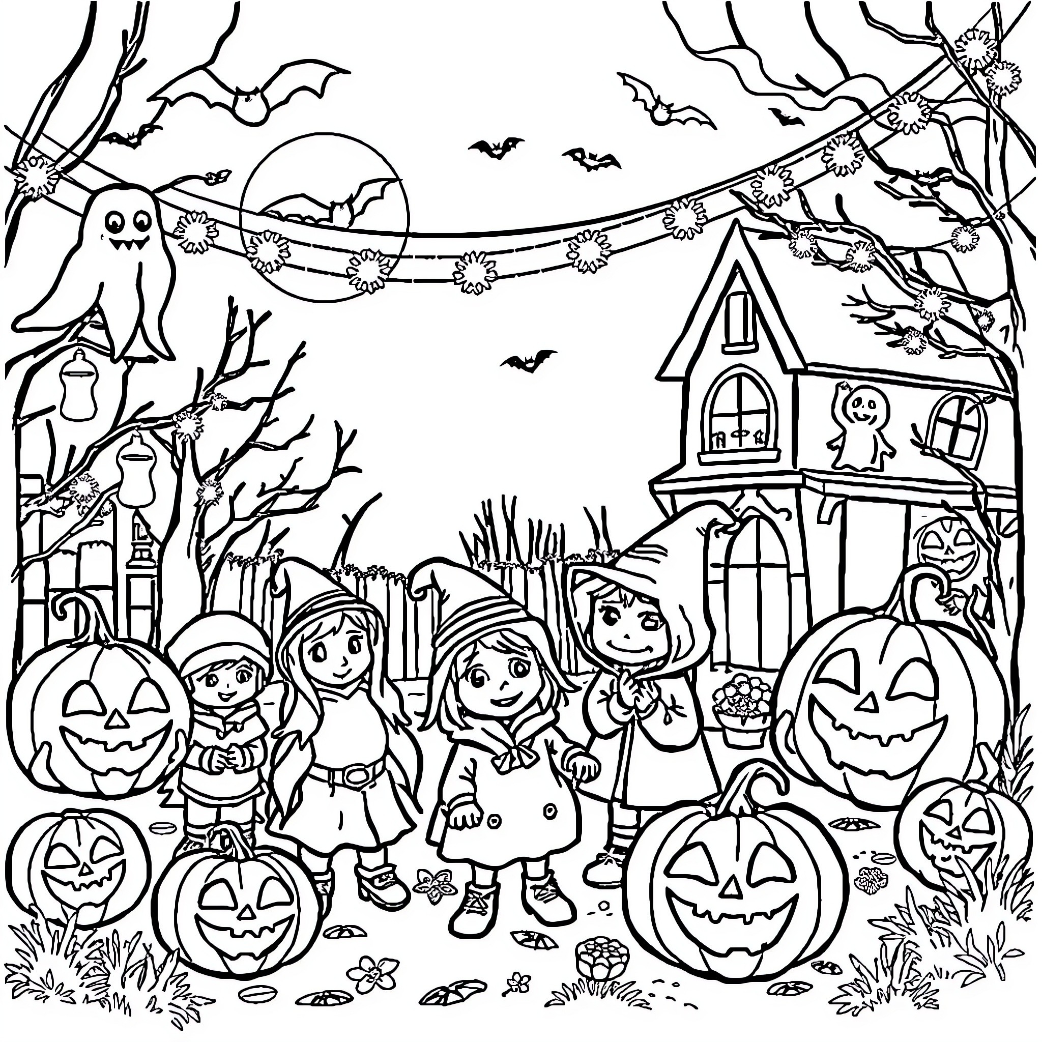 Halloween Trick-or-Treat Scene with Costumed Children Coloring Page (free black-and-white line drawing printable PDF for all, from beginners to advanced learners, including children, teens, adults, and seniors)
