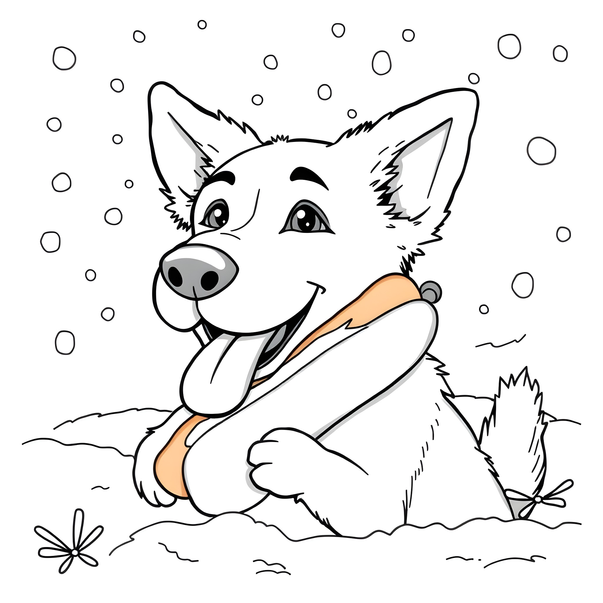 Dog playing in the snow Coloring Page (free black-and-white line drawing printable PDF for all, from beginners to advanced learners, including children, teens, adults, and seniors)
