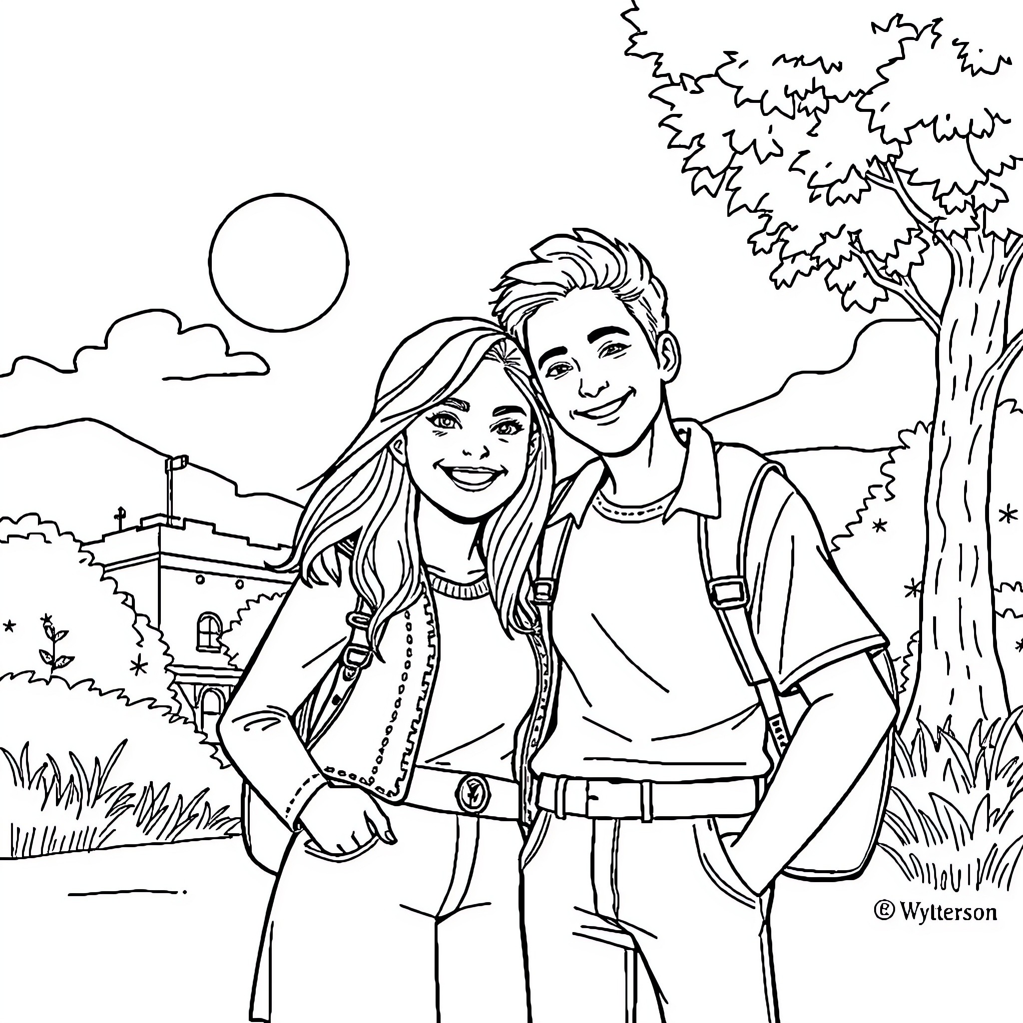 Violet and Alex's Outdoor Adventure Coloring Page (free black-and-white line drawing printable PDF for all, from beginners to advanced learners, including children, teens, adults, and seniors)