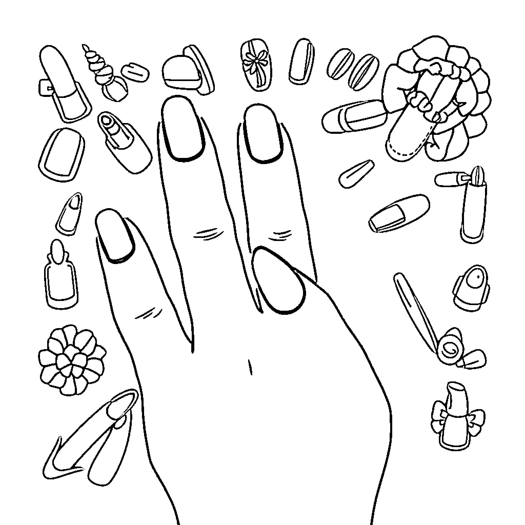 Nail Designs and Decorations Coloring Page (free black-and-white line drawing printable PDF for all, from beginners to advanced learners, including children, teens, adults, and seniors)