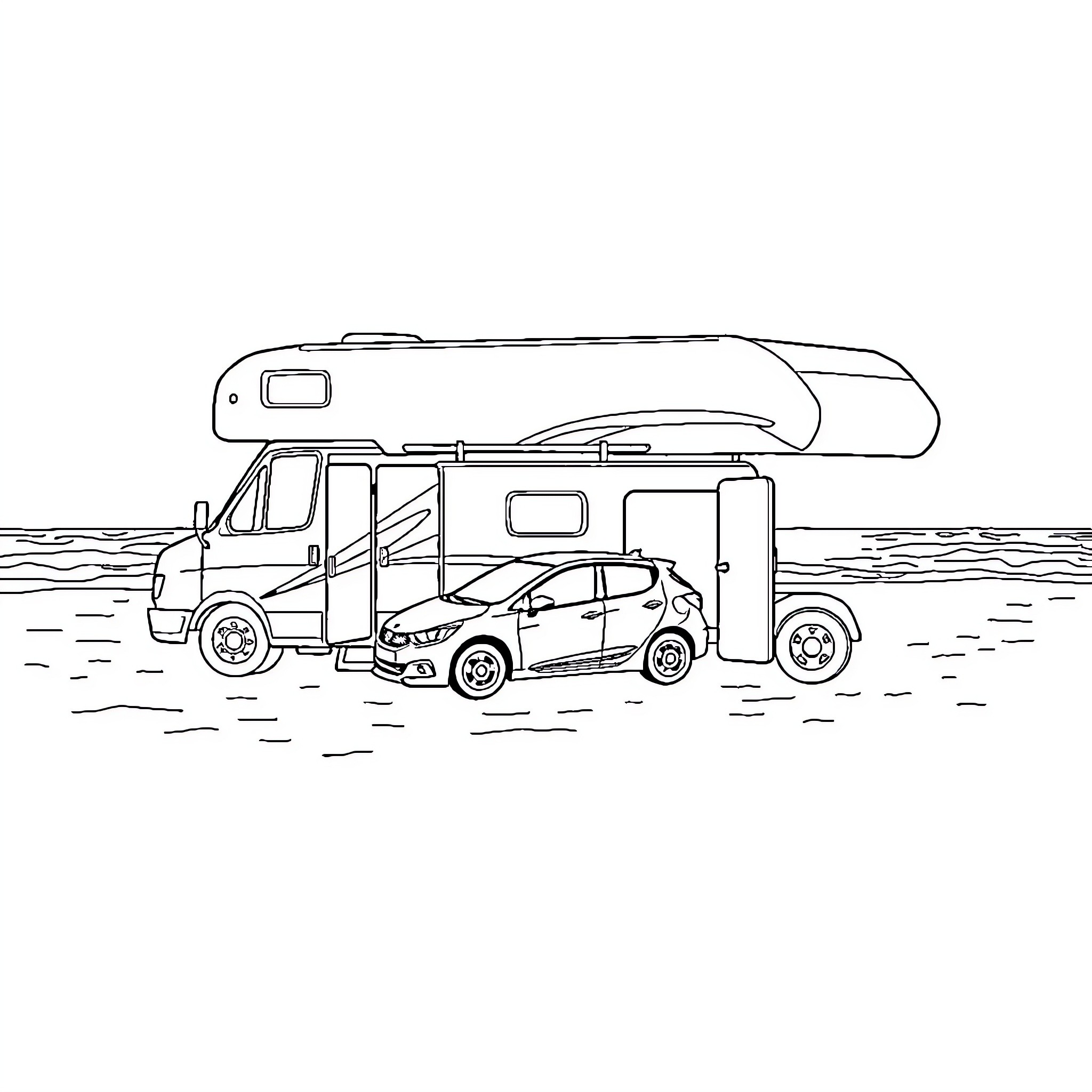 Motorhome towing a compact car on the road Coloring Page (free black-and-white line drawing printable PDF for all, from beginners to advanced learners, including children, teens, adults, and seniors)