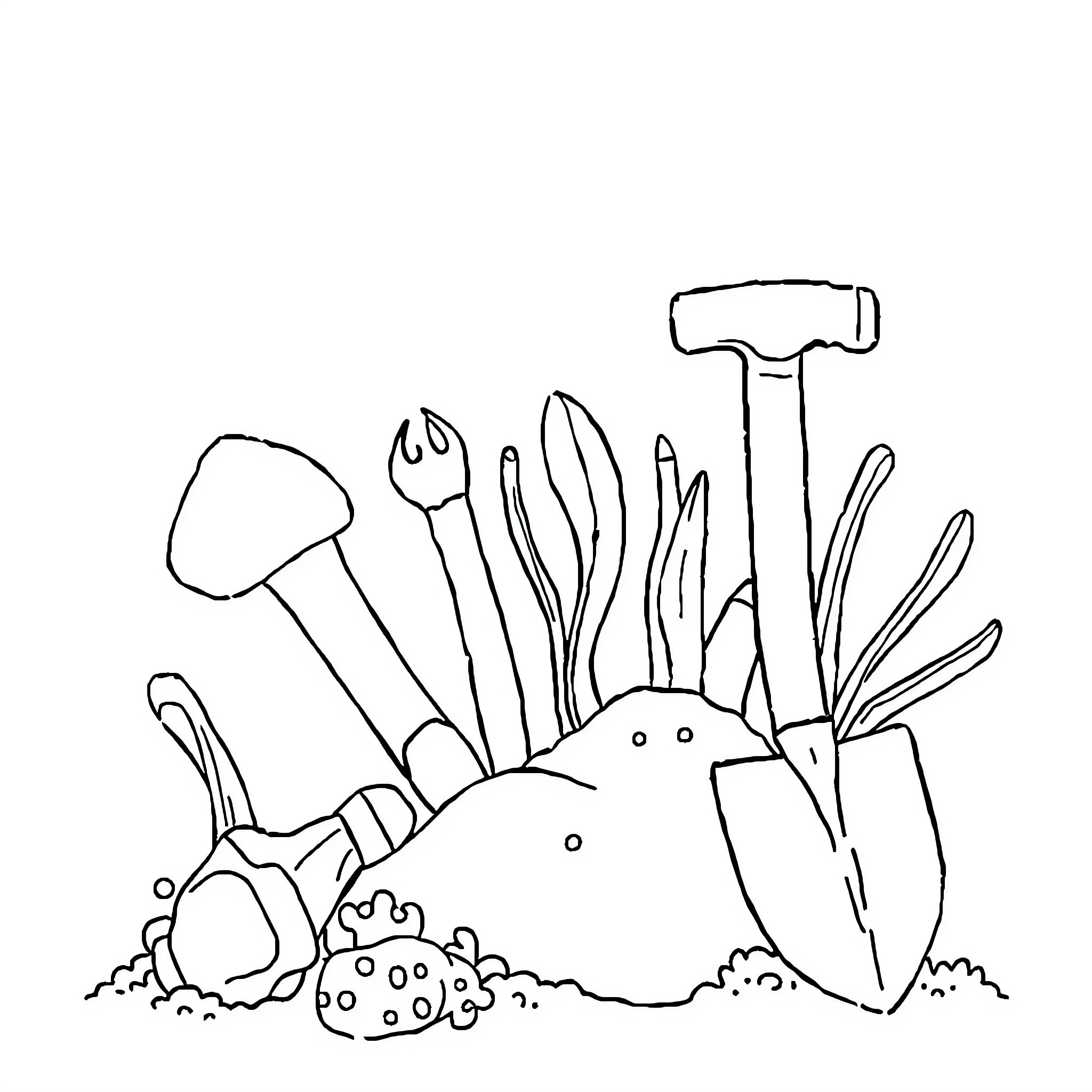 Tool set for gardening and landscaping Coloring Page (free black-and-white line drawing printable PDF for all, from beginners to advanced learners, including children, teens, adults, and seniors)