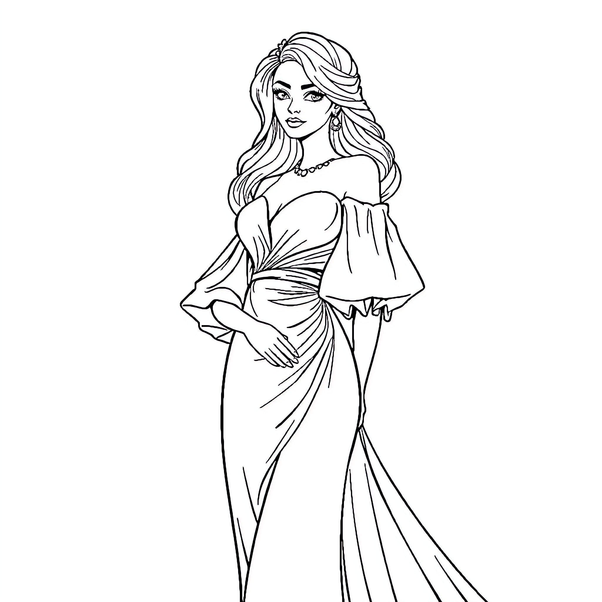 Princess in Elegant Flowing Gown Coloring Page (free black-and-white line drawing printable PDF for all, from beginners to advanced learners, including children, teens, adults, and seniors)