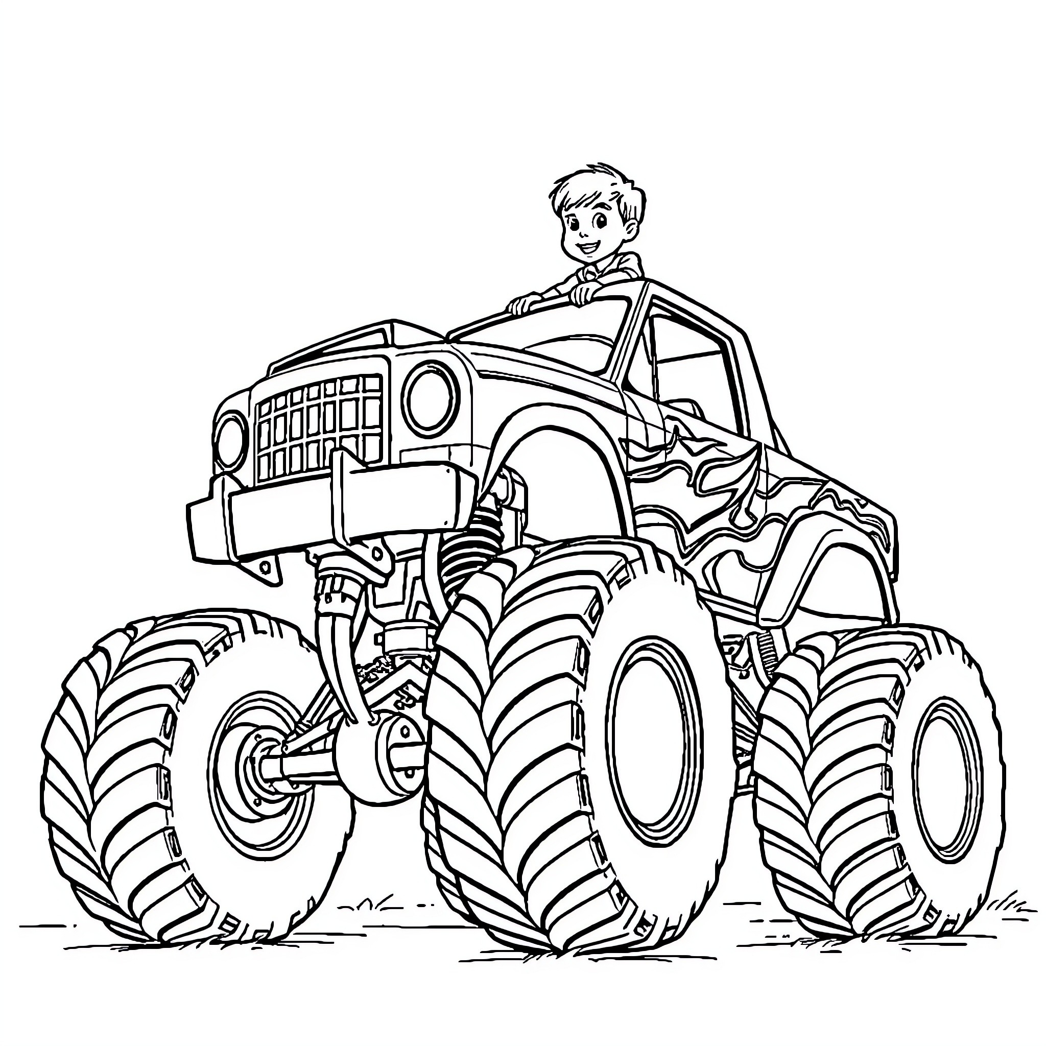 Boy driving a monster truck with excitement Coloring Page (free black-and-white line drawing printable PDF for all, from beginners to advanced learners, including children, teens, adults, and seniors)