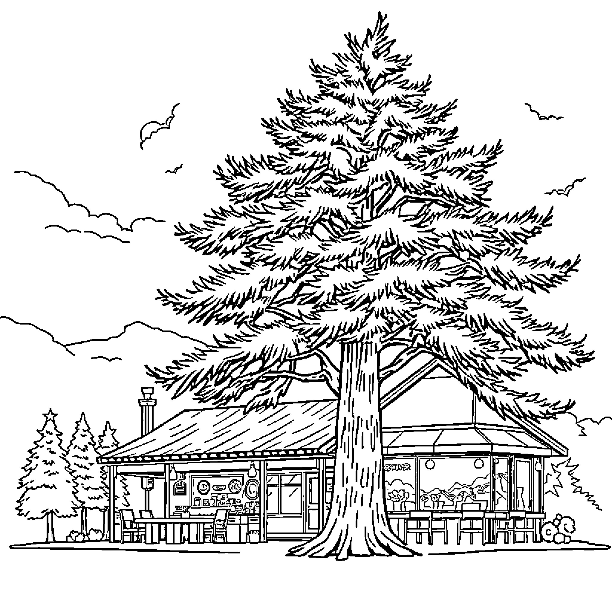 Pine Tree towering over a cozy cabin in the woods Coloring Page (free black-and-white line drawing printable PDF for all, from beginners to advanced learners, including children, teens, adults, and seniors)