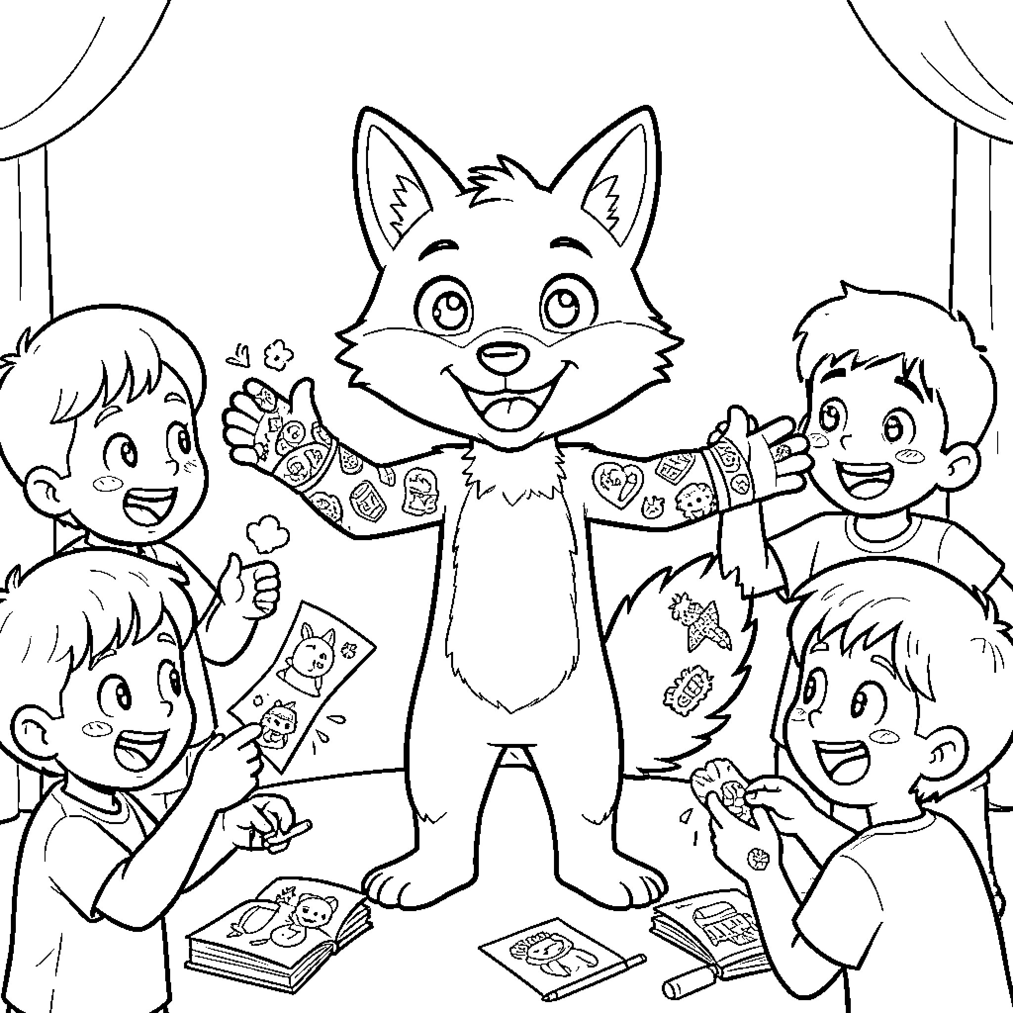 Fox entertains children with colorful art Coloring Page (free black-and-white line drawing printable PDF for all, from beginners to advanced learners, including children, teens, adults, and seniors)