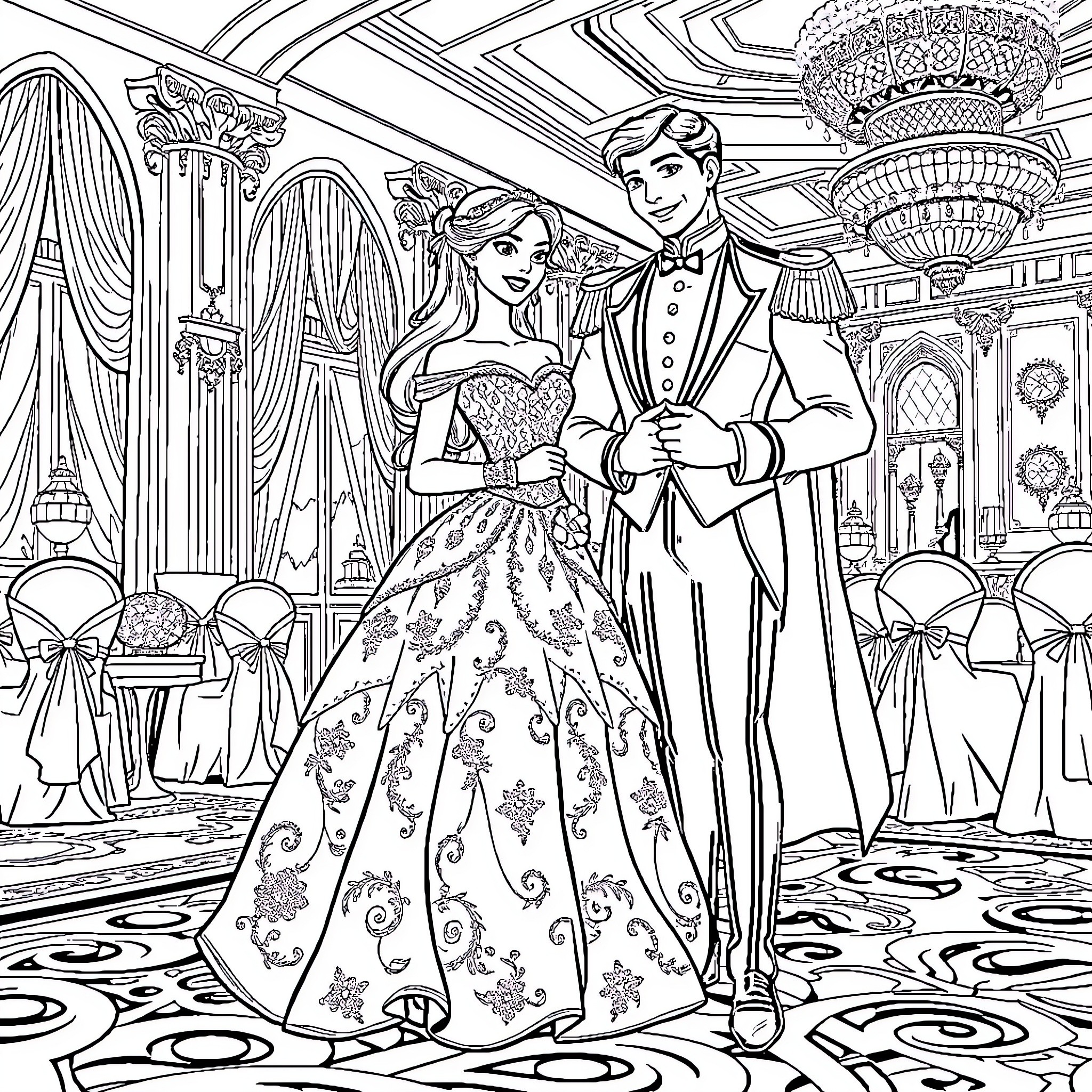 Girl and Boy Dressed for a Formal Event Coloring Page (free black-and-white line drawing printable PDF for all, from beginners to advanced learners, including children, teens, adults, and seniors)