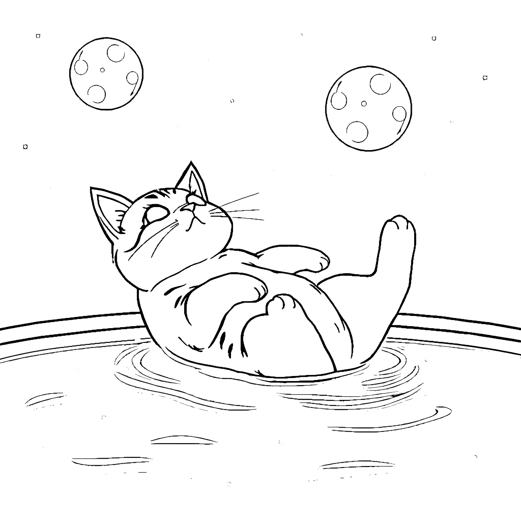 Cat relaxing in a pool of water Coloring Page (free black-and-white line drawing printable PDF for all, from beginners to advanced learners, including children, teens, adults, and seniors)