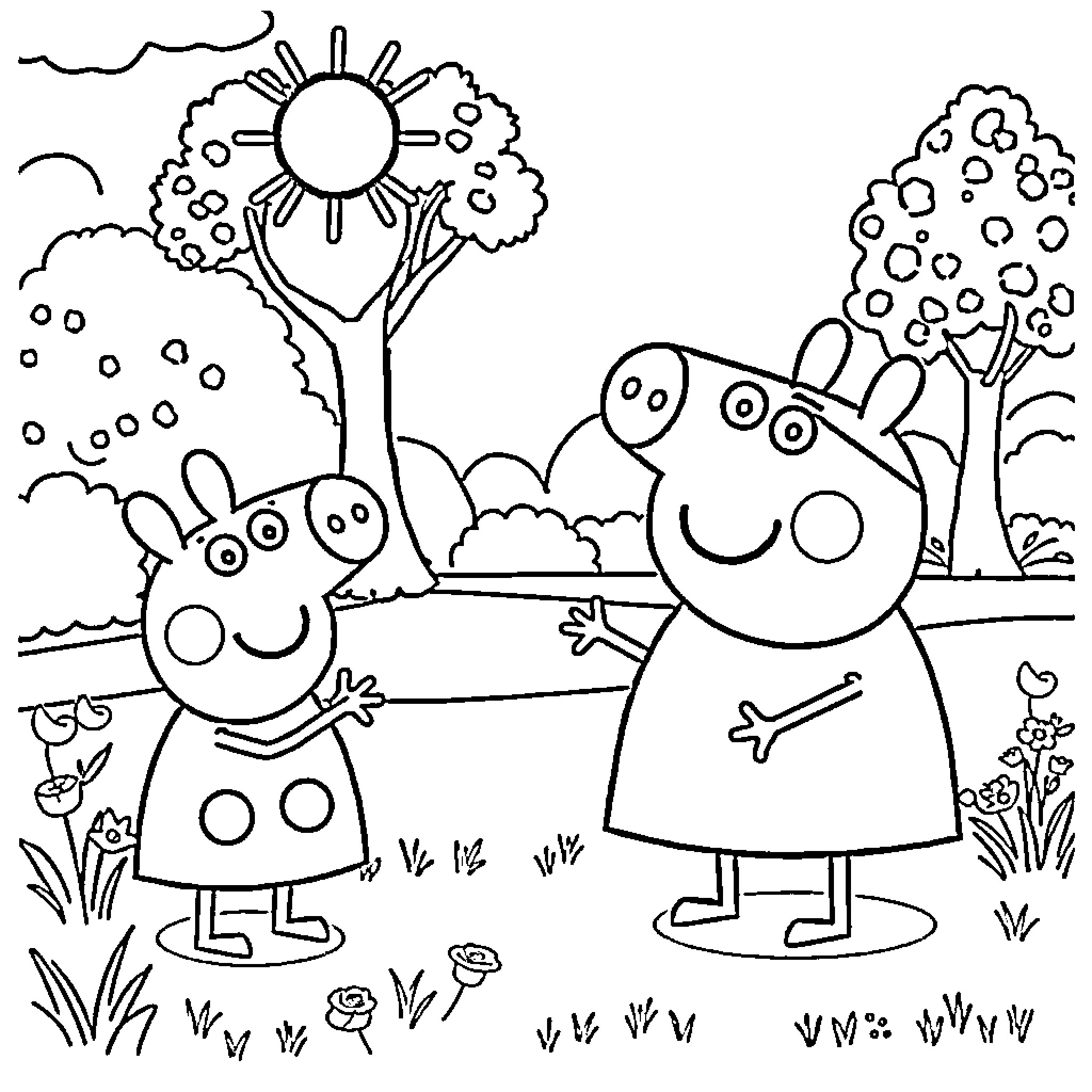 Bluey and friends enjoying a sunny day outdoors Coloring Page (free black-and-white line drawing printable PDF for all, from beginners to advanced learners, including children, teens, adults, and seniors)