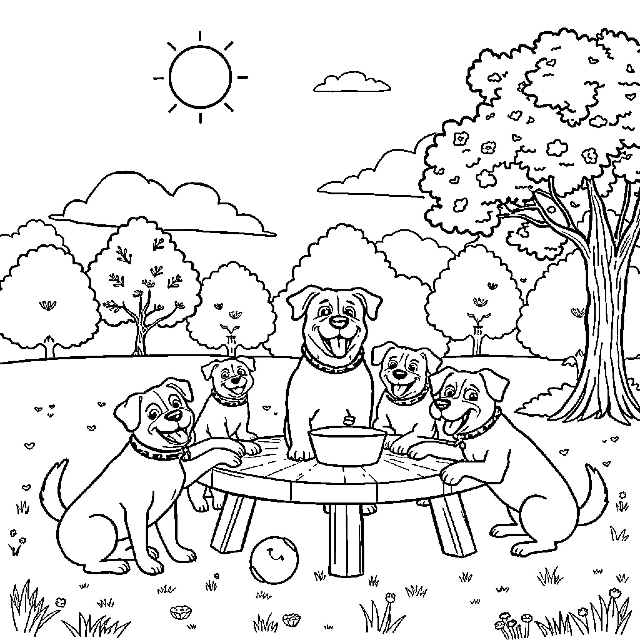 Dogs enjoying a picnic in the park Coloring Page (free black-and-white line drawing printable PDF for all, from beginners to advanced learners, including children, teens, adults, and seniors)