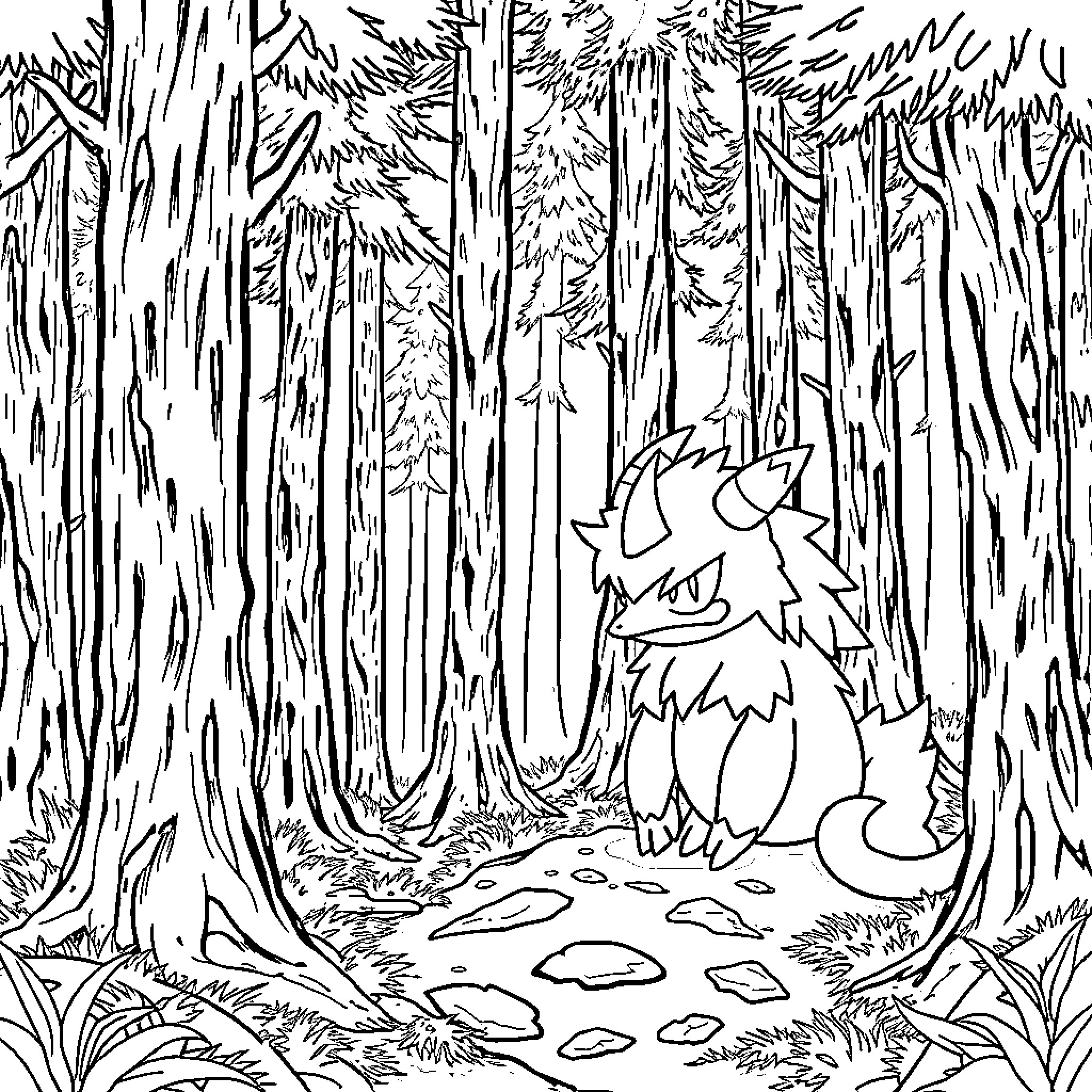 Grimmsnarl exploring the enchanted forest Coloring Page (free black-and-white line drawing printable PDF for all, from beginners to advanced learners, including children, teens, adults, and seniors)