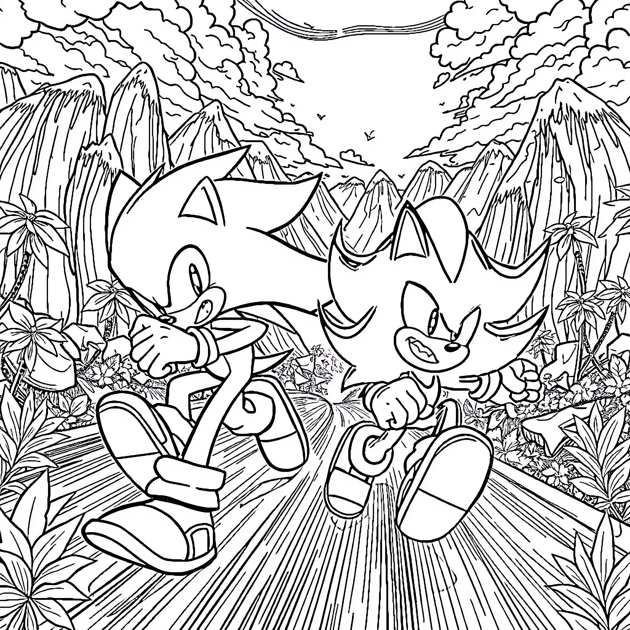 Sonic characters exploring an adventurous jungle landscape Coloring Page (free black-and-white line drawing printable PDF for all, from beginners to advanced learners, including children, teens, adults, and seniors)