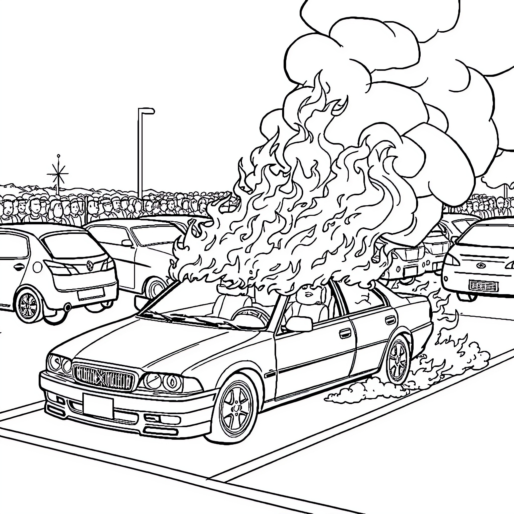 Car engulfed in flames on the road Coloring Page (free black-and-white line drawing printable PDF for all, from beginners to advanced learners, including children, teens, adults, and seniors)