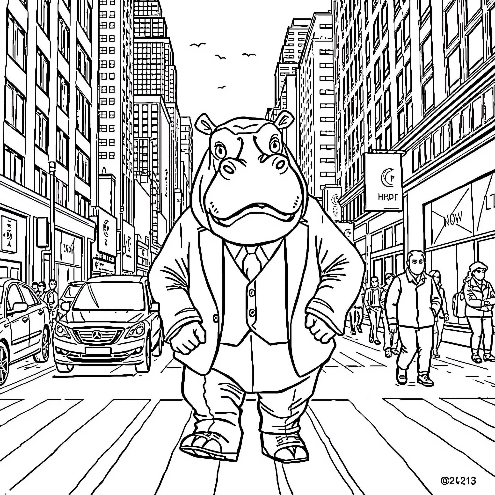 Hippo businessman walking through busy city streets Coloring Page (free black-and-white line drawing printable PDF for all, from beginners to advanced learners, including children, teens, adults, and seniors)
