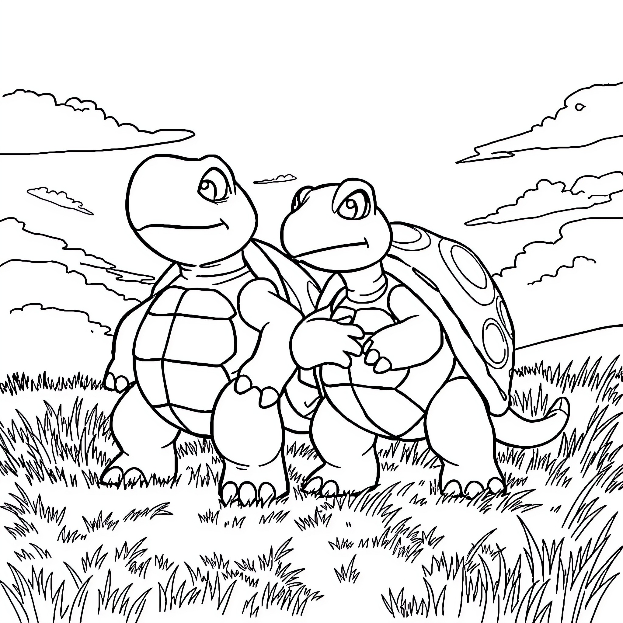 Tortipousse's Playful Turtles in Nature Coloring Page (free black-and-white line drawing printable PDF for all, from beginners to advanced learners, including children, teens, adults, and seniors)