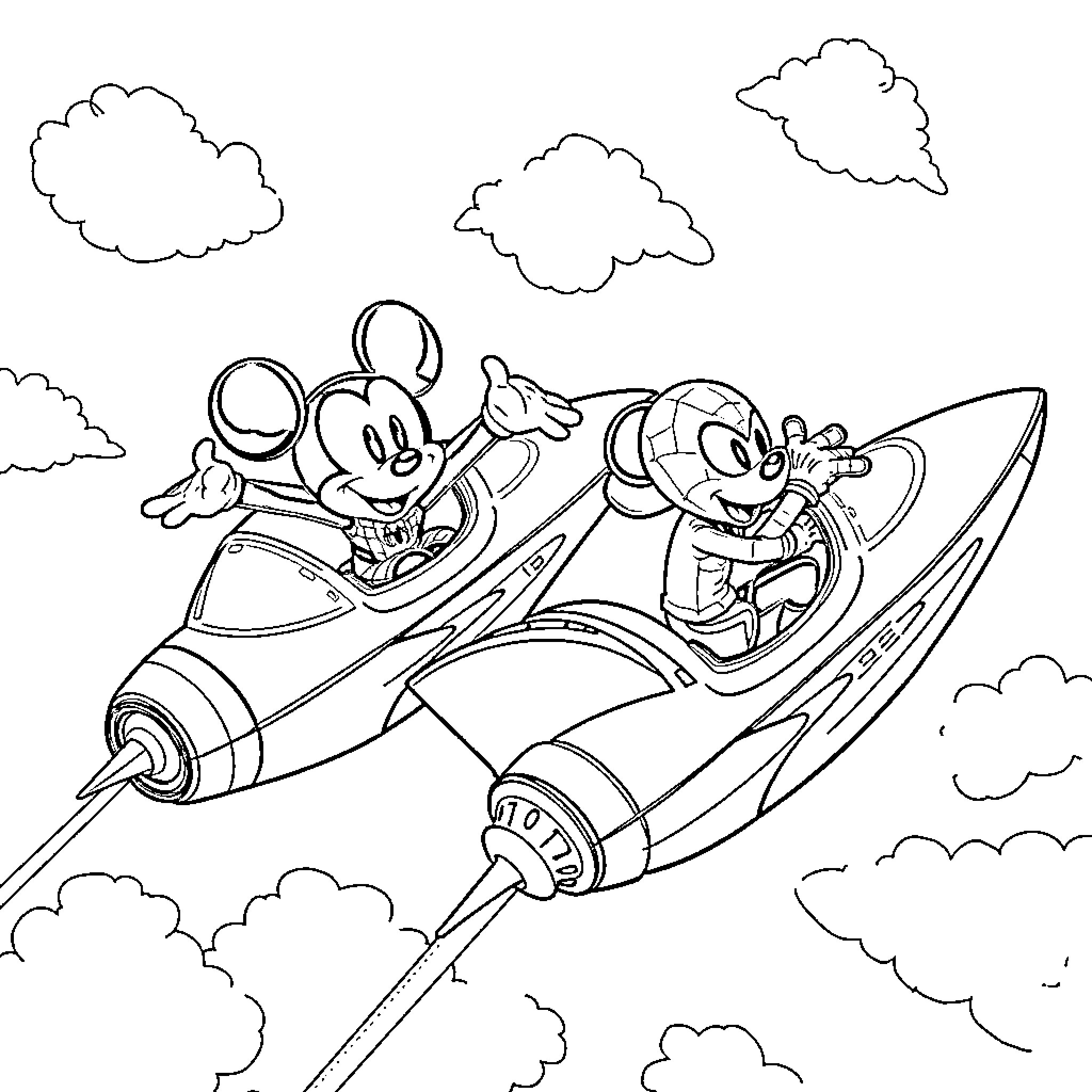 Spider-Man and Friend Soar Through the Skies in Jetpacks Coloring Page (free black-and-white line drawing printable PDF for all, from beginners to advanced learners, including children, teens, adults, and seniors)