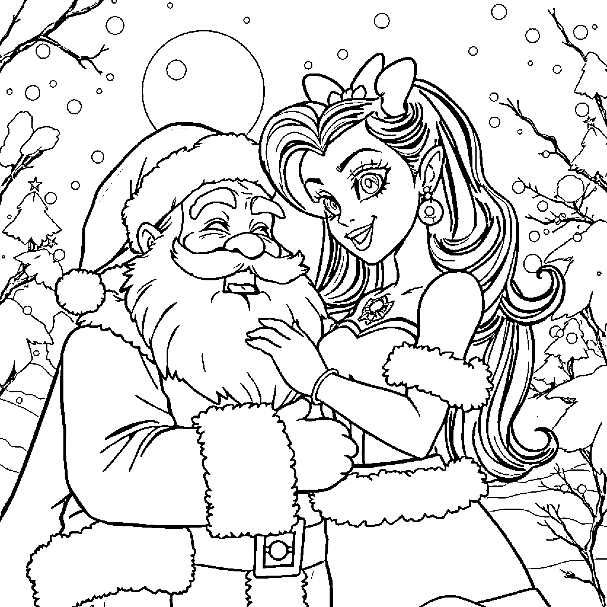 Draculaura and Santa in a Snowy Embrace Coloring Page (free black-and-white line drawing printable PDF for all, from beginners to advanced learners, including children, teens, adults, and seniors)