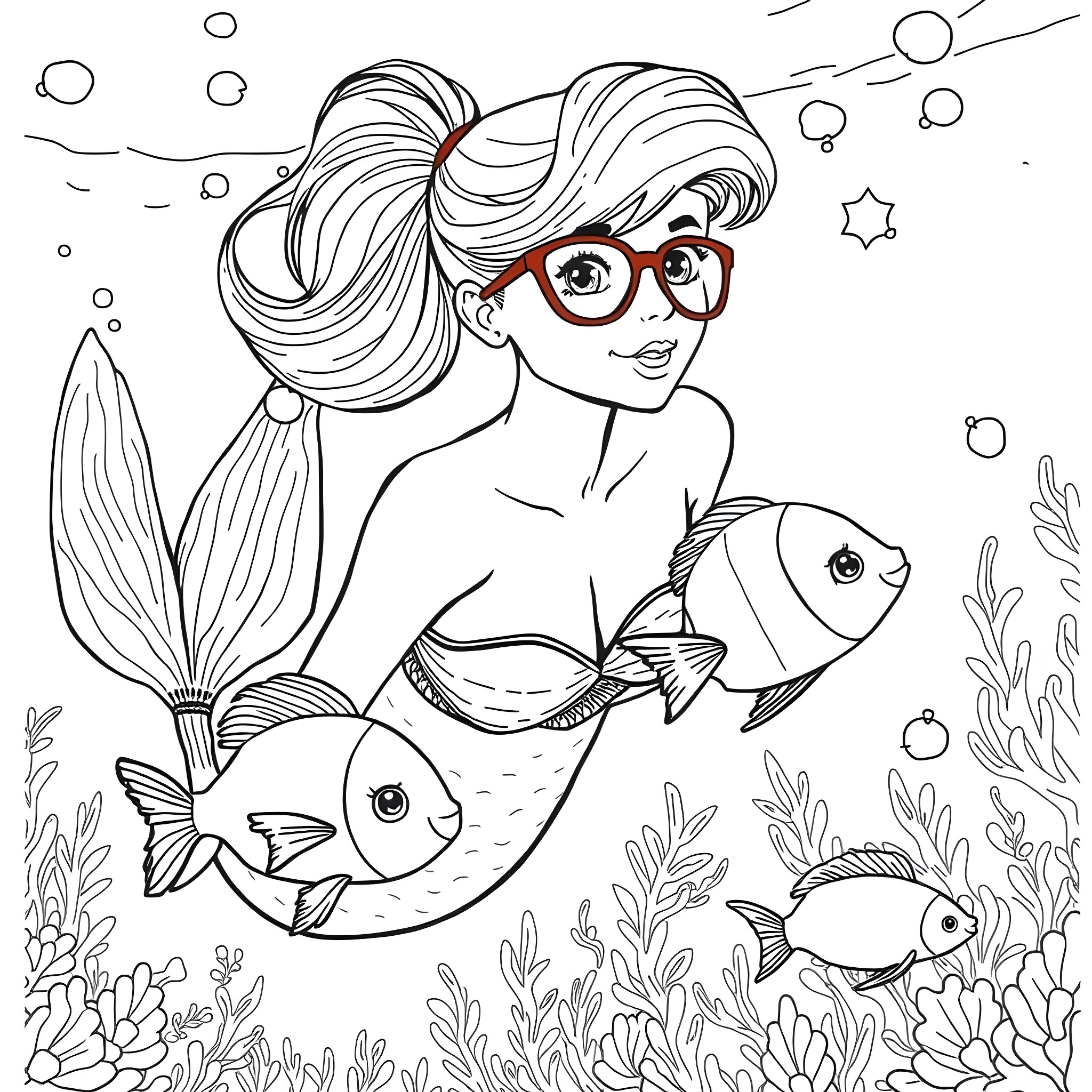 Mermaid with Fish Friends in Underwater Scene Coloring Page (free black-and-white line drawing printable PDF for all, from beginners to advanced learners, including children, teens, adults, and seniors)