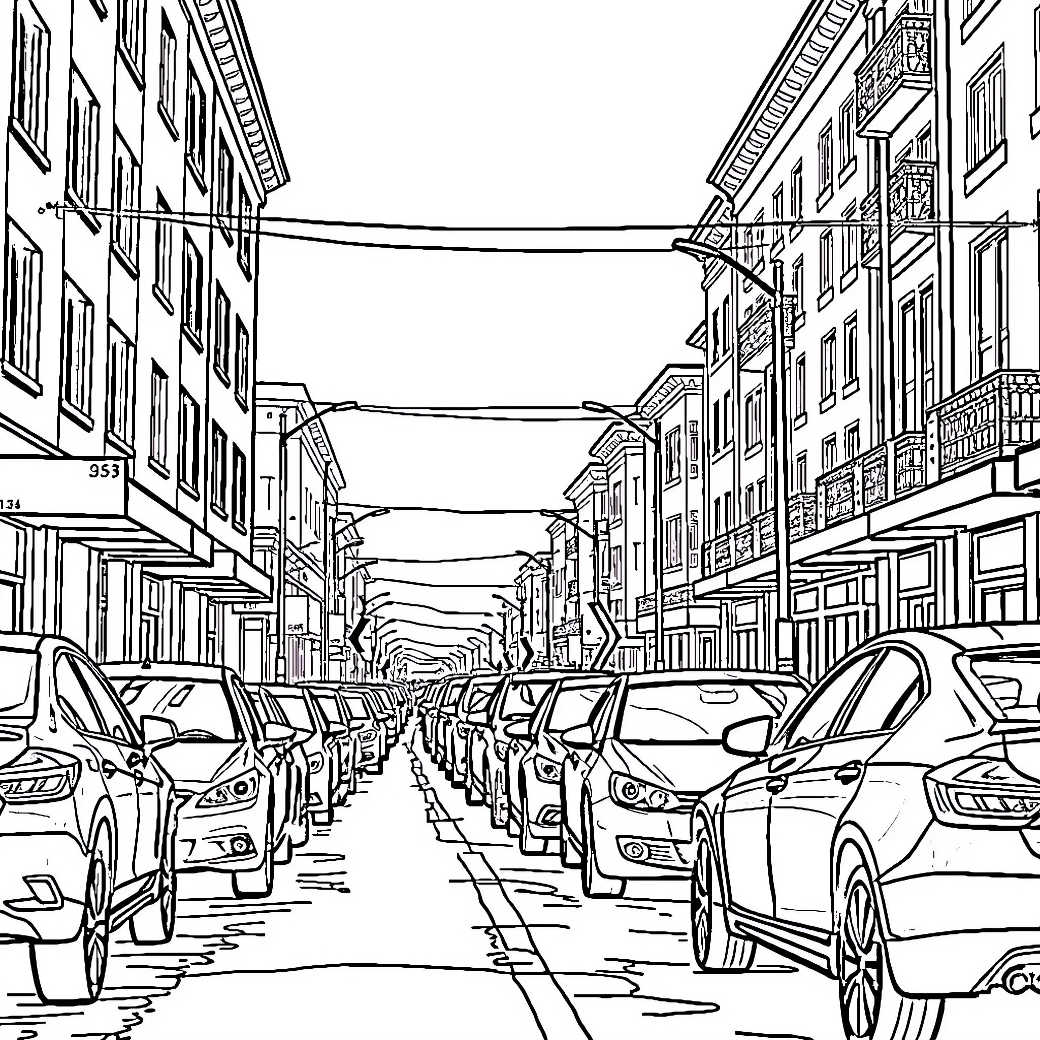 Car-filled urban street with buildings and infrastructure Coloring Page (free black-and-white line drawing printable PDF for all, from beginners to advanced learners, including children, teens, adults, and seniors)