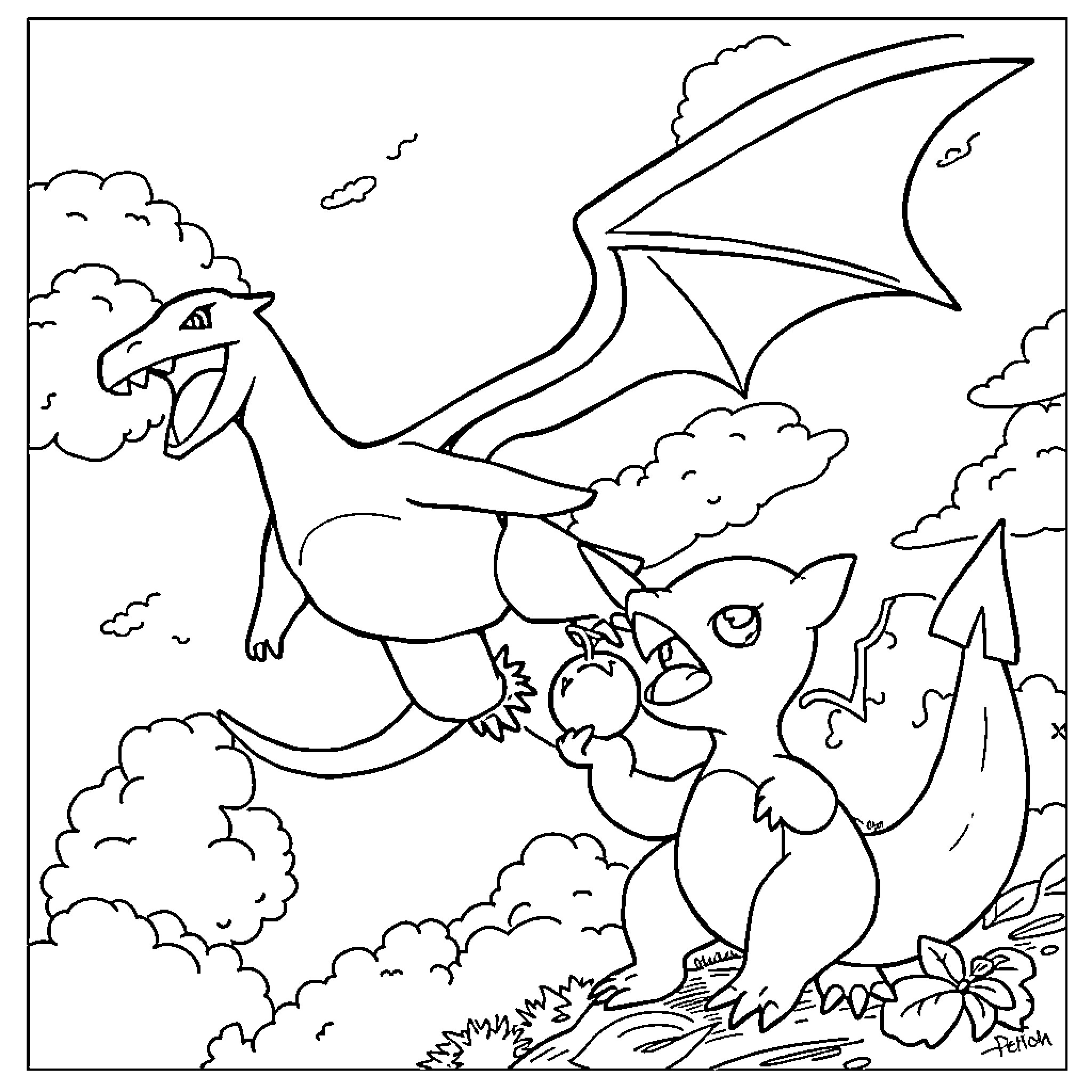 Charizard and Squirtle playing in the clouds Coloring Page (free black-and-white line drawing printable PDF for all, from beginners to advanced learners, including children, teens, adults, and seniors)