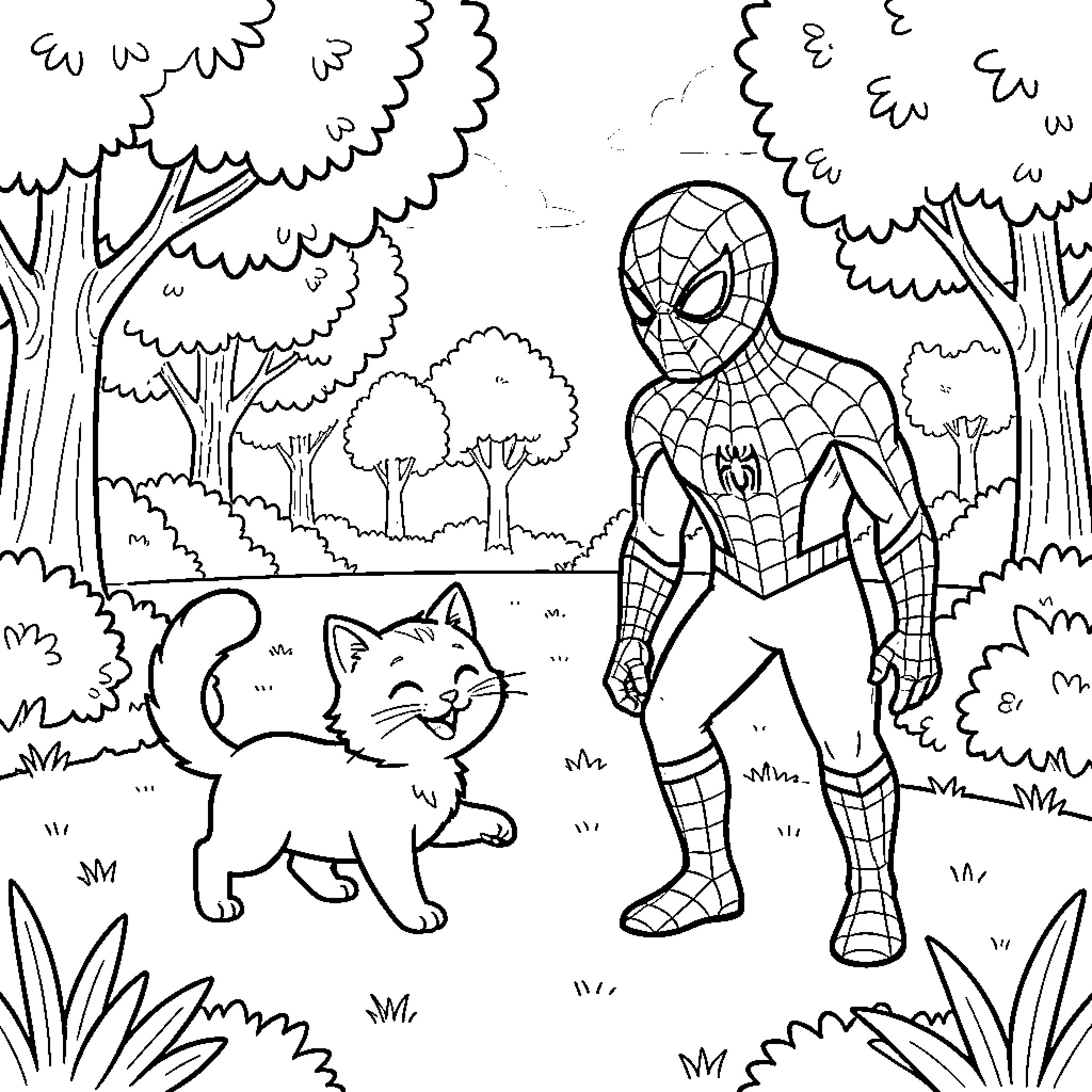 Cat and Superhero in Forest Scene Coloring Page (free black-and-white line drawing printable PDF for all, from beginners to advanced learners, including children, teens, adults, and seniors)