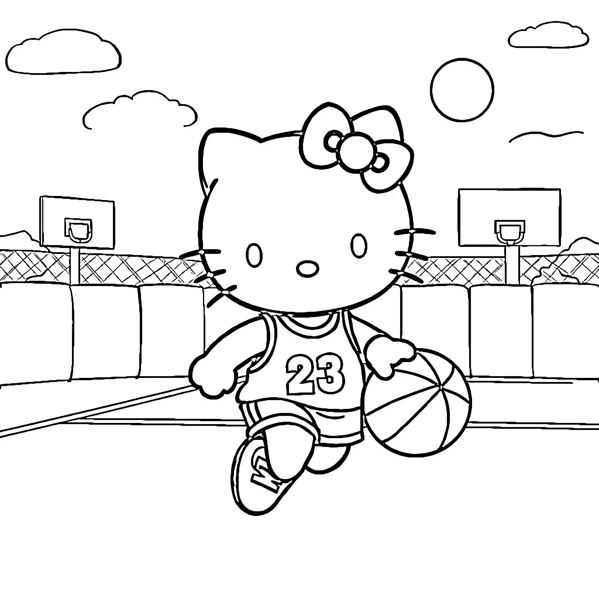 Hello Kitty playing basketball on the court Coloring Page (free black-and-white line drawing printable PDF for all, from beginners to advanced learners, including children, teens, adults, and seniors)