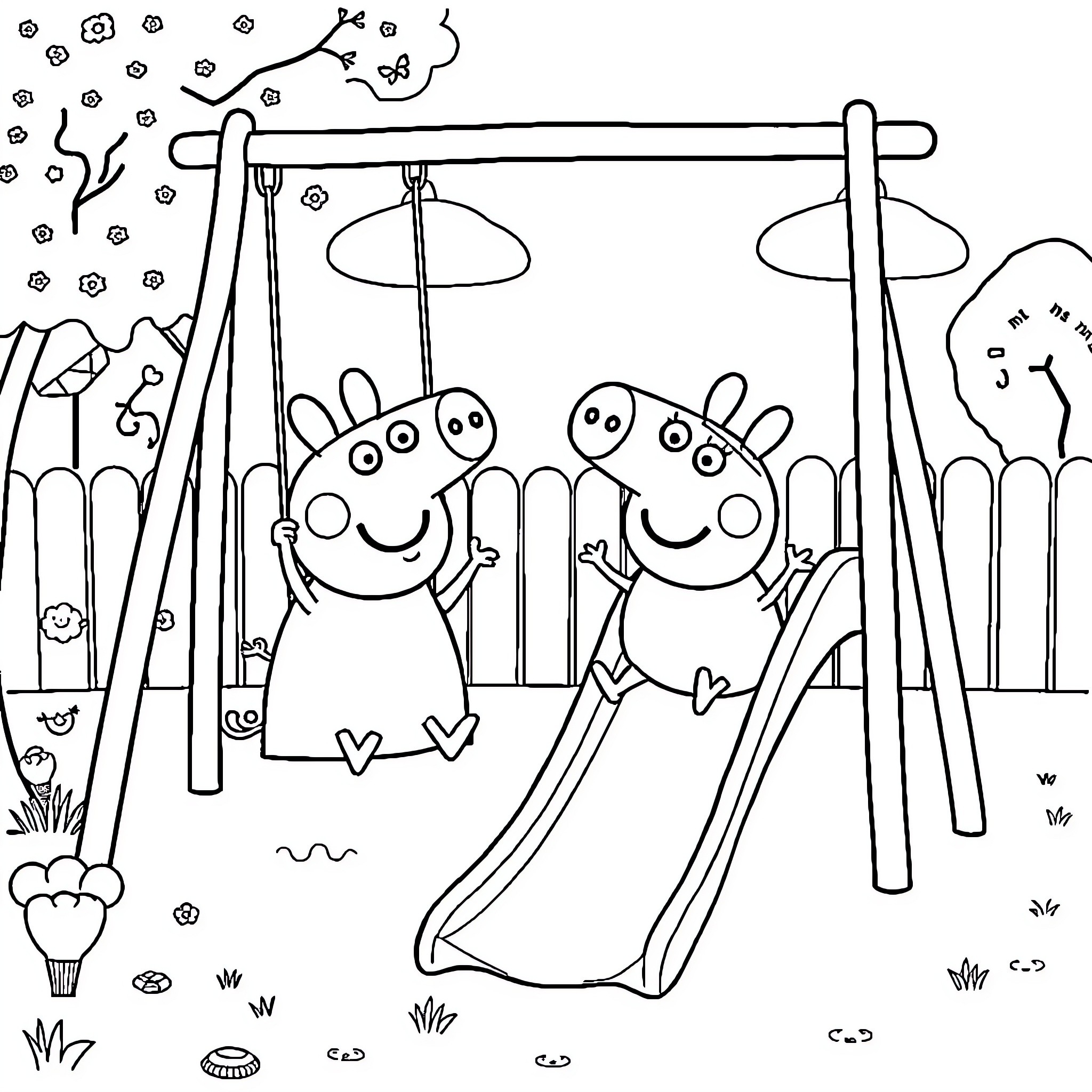 Bluey and Bingo playing on the playground Coloring Page (free black-and-white line drawing printable PDF for all, from beginners to advanced learners, including children, teens, adults, and seniors)