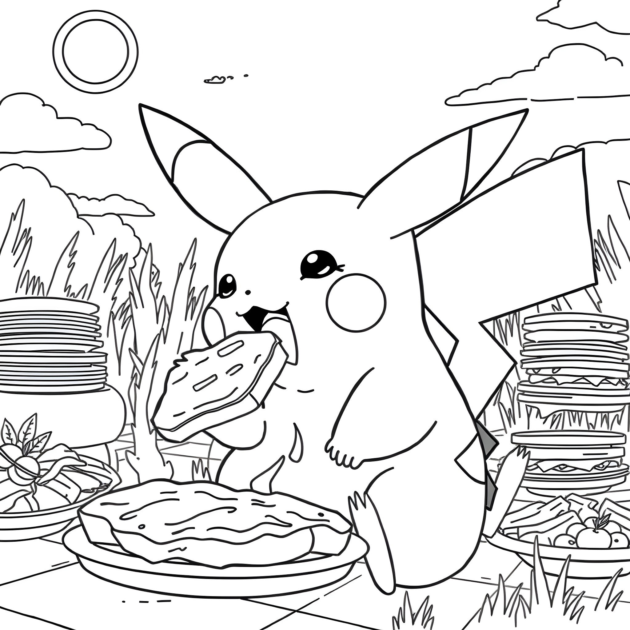 Pikachu enjoys a picnic in the countryside Coloring Page (free black-and-white line drawing printable PDF for all, from beginners to advanced learners, including children, teens, adults, and seniors)
