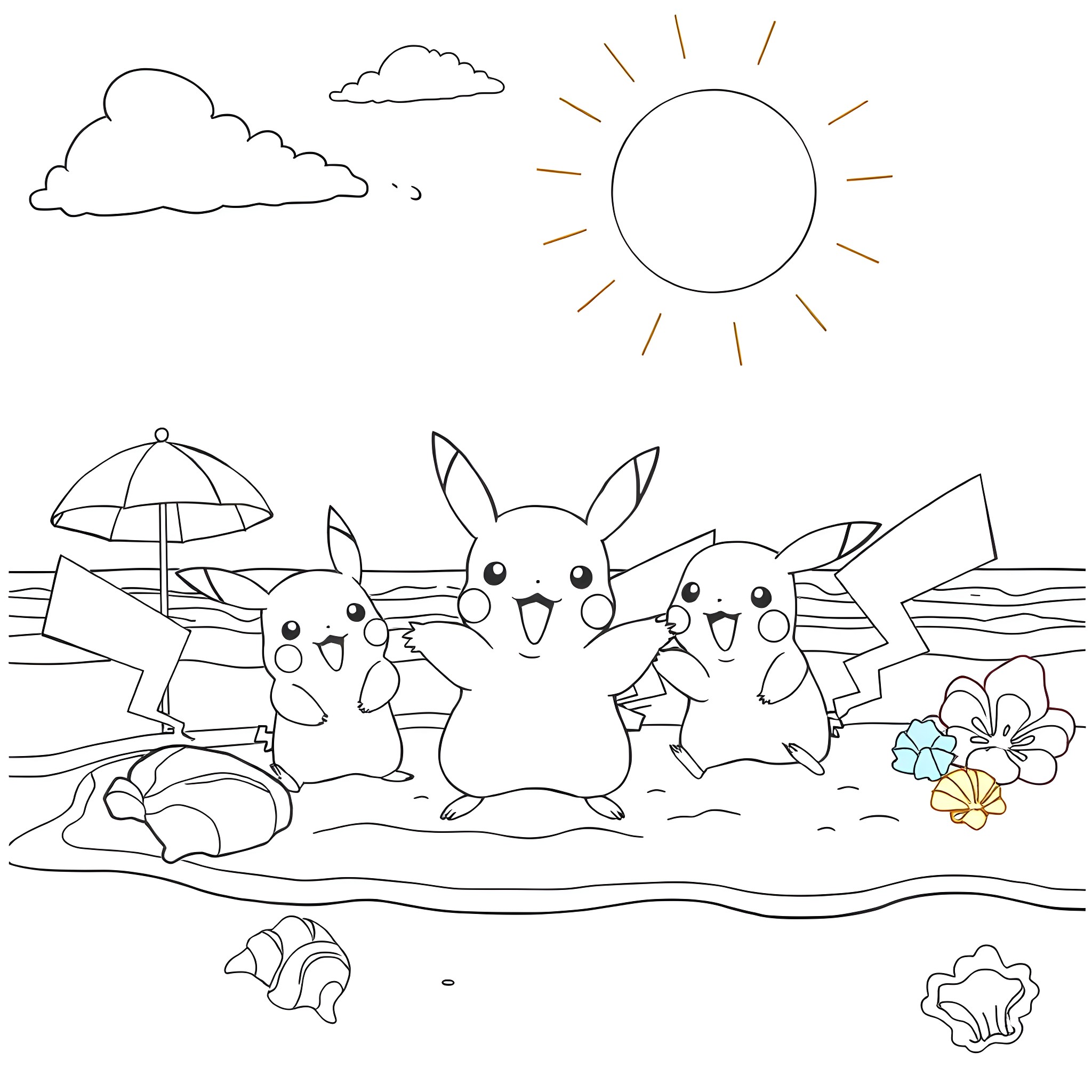 Pikachu playing at the beach with friends Coloring Page (free black-and-white line drawing printable PDF for all, from beginners to advanced learners, including children, teens, adults, and seniors)