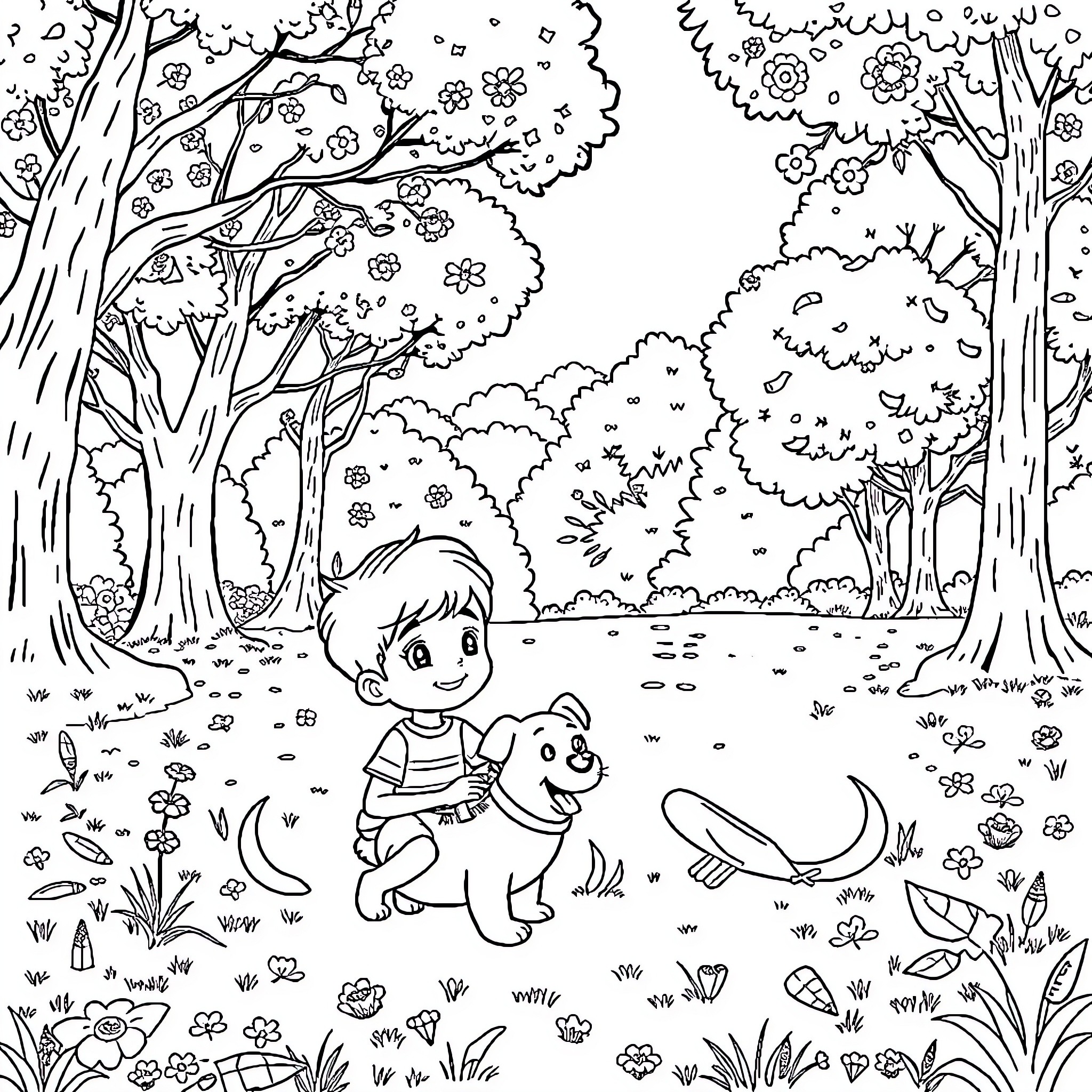 Anya's Enchanting Nature Adventure with Puppy Coloring Page (free black-and-white line drawing printable PDF for all, from beginners to advanced learners, including children, teens, adults, and seniors)