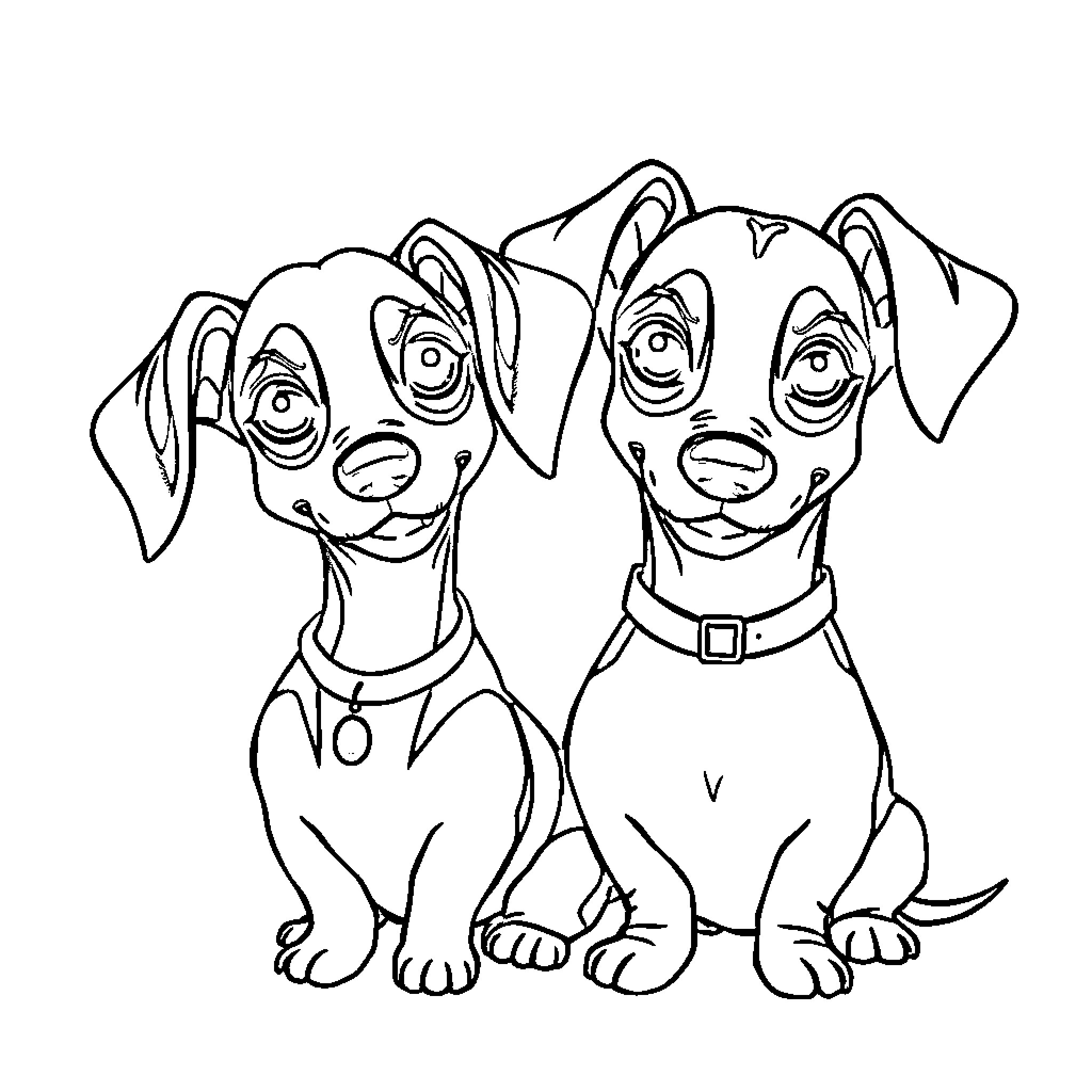 Dachshund friends smiling playfully Coloring Page (free black-and-white line drawing printable PDF for all, from beginners to advanced learners, including children, teens, adults, and seniors)