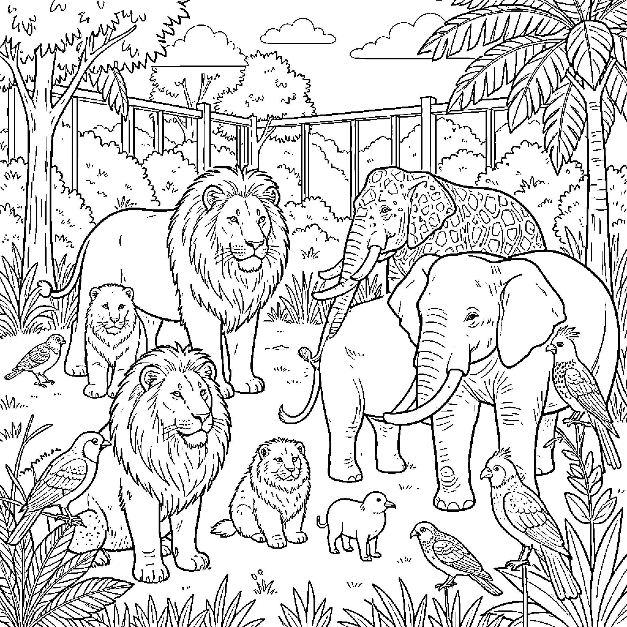 Animal Gathering in the Jungle Habitat Coloring Page (free black-and-white line drawing printable PDF for all, from beginners to advanced learners, including children, teens, adults, and seniors)