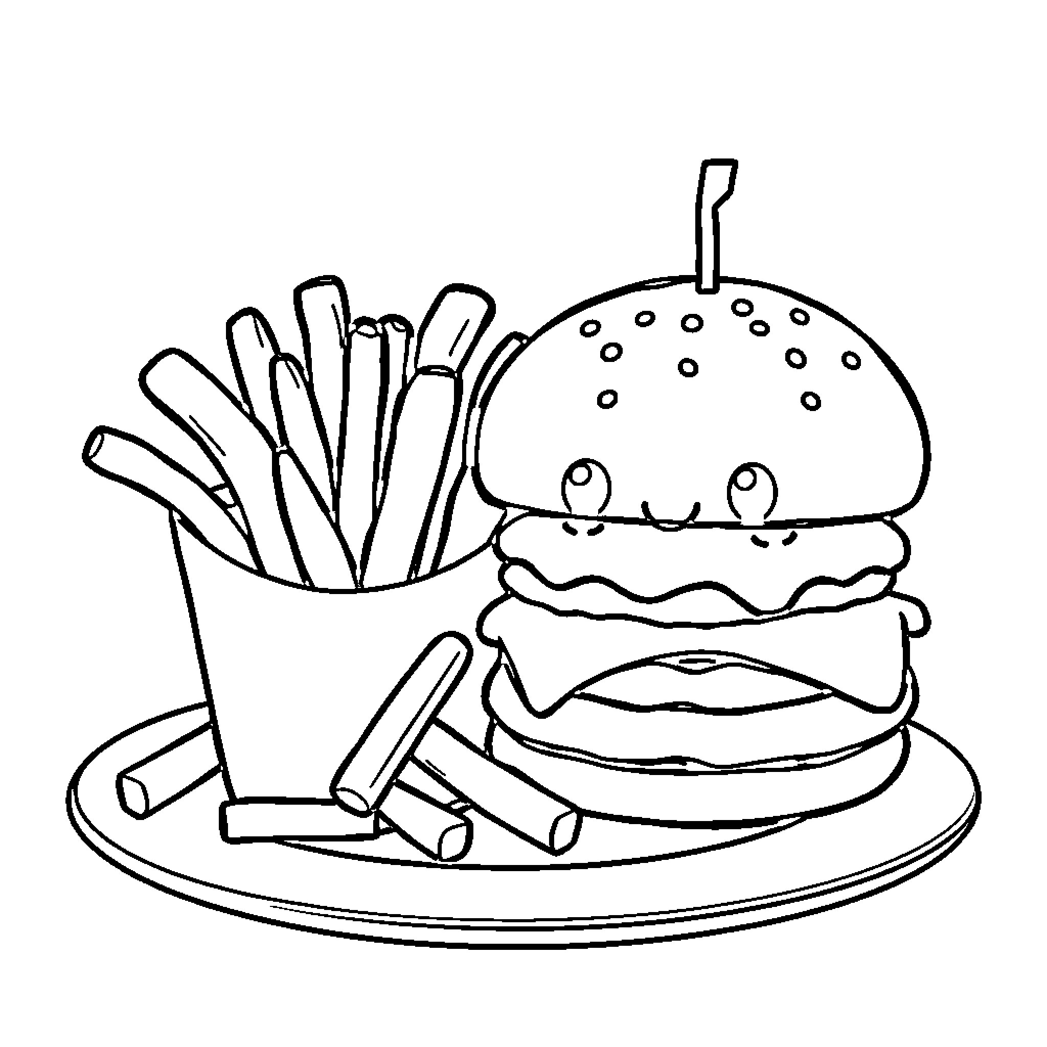 Food items in cartoon style Coloring Page (free black-and-white line drawing printable PDF for all, from beginners to advanced learners, including children, teens, adults, and seniors)
